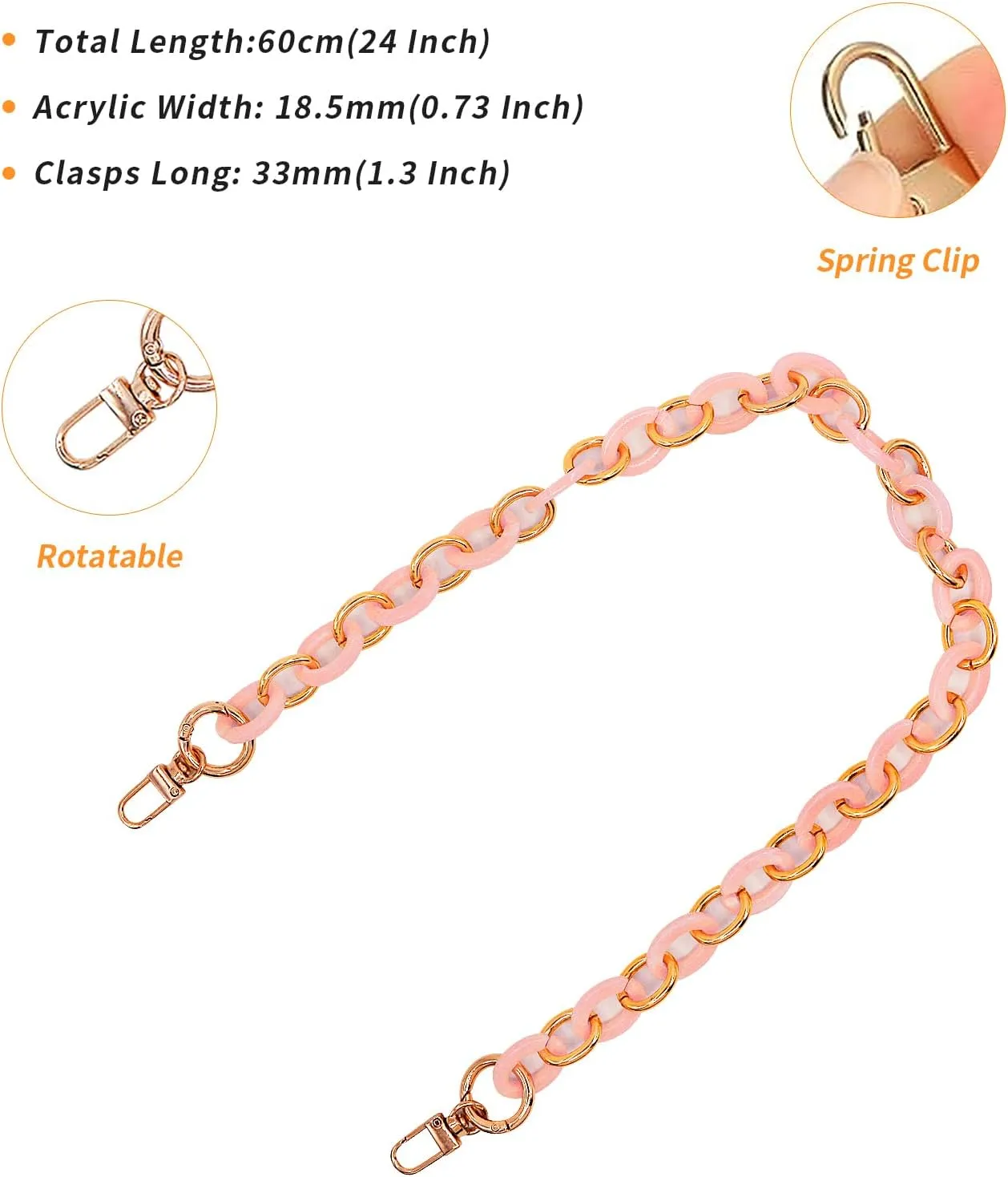AnRui 2pcs Replacement Purse Handles Chain 24 Inch Acrylic Bag Extender Chain DIY Handbag Replacement Straps Accessories for Cross-Body Bag, Shoulder Bag, Wallets - Women Gift, Pink & Gold