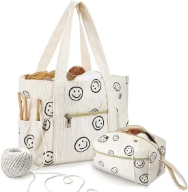 Bulyoou 2 Pcs Crochet Bag and Tote Set Corduroy Yarn Crochet Tote Bag for Hooks Organizer Smile Face Design Yarn Holder for Mother's Day Gift Lovers Knitting Accessories