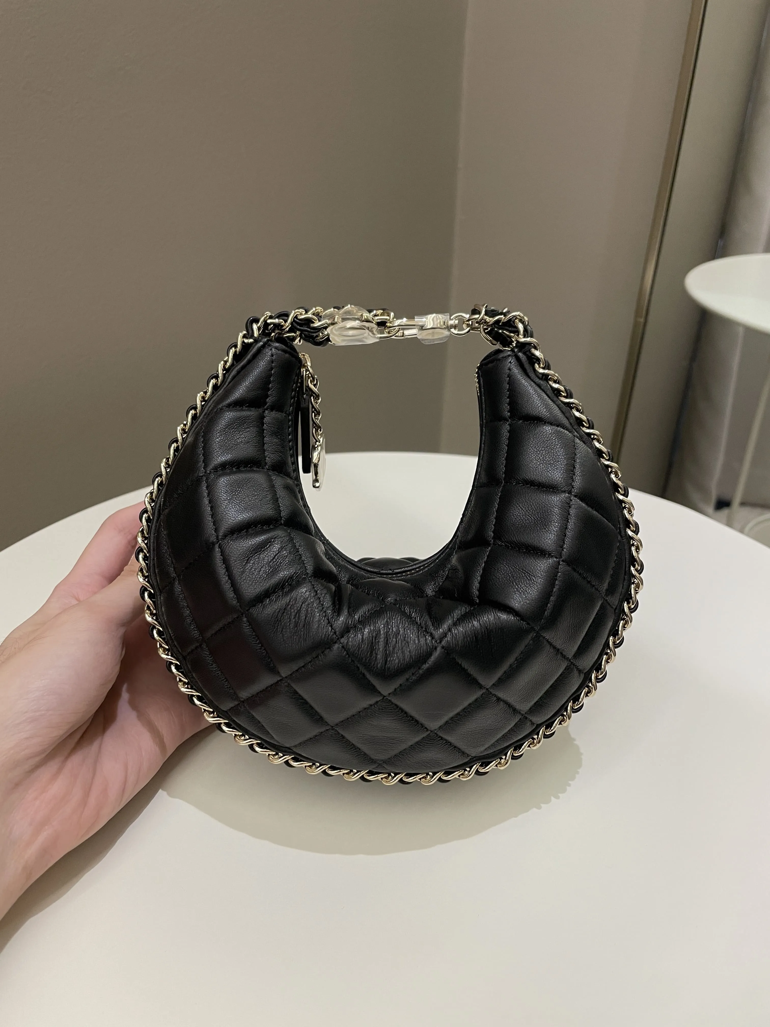 Chanel 23P Quilted Chain Around Hobo Bag Black Lambskin