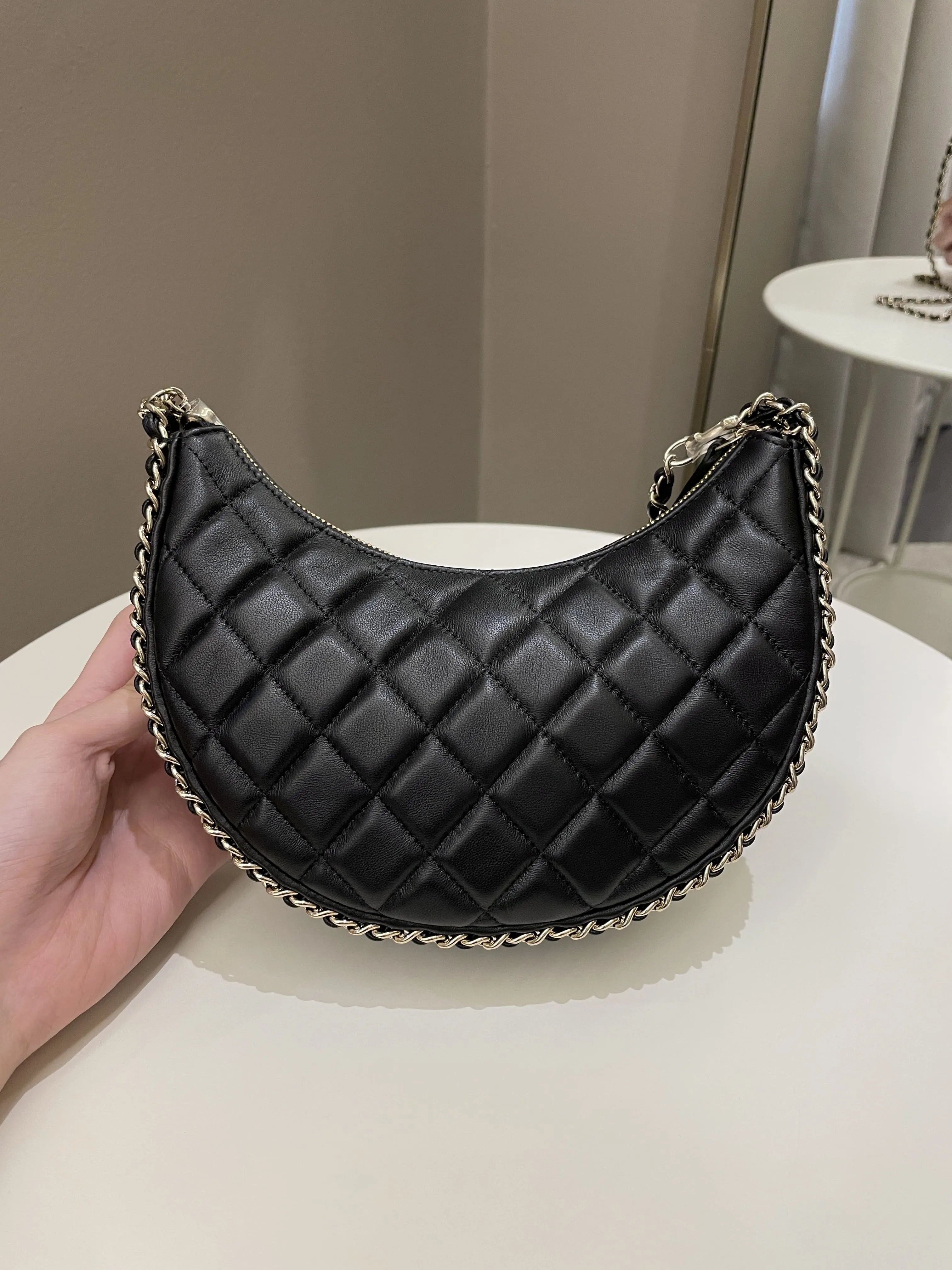 Chanel 23P Quilted Chain Around Hobo Bag Black Lambskin