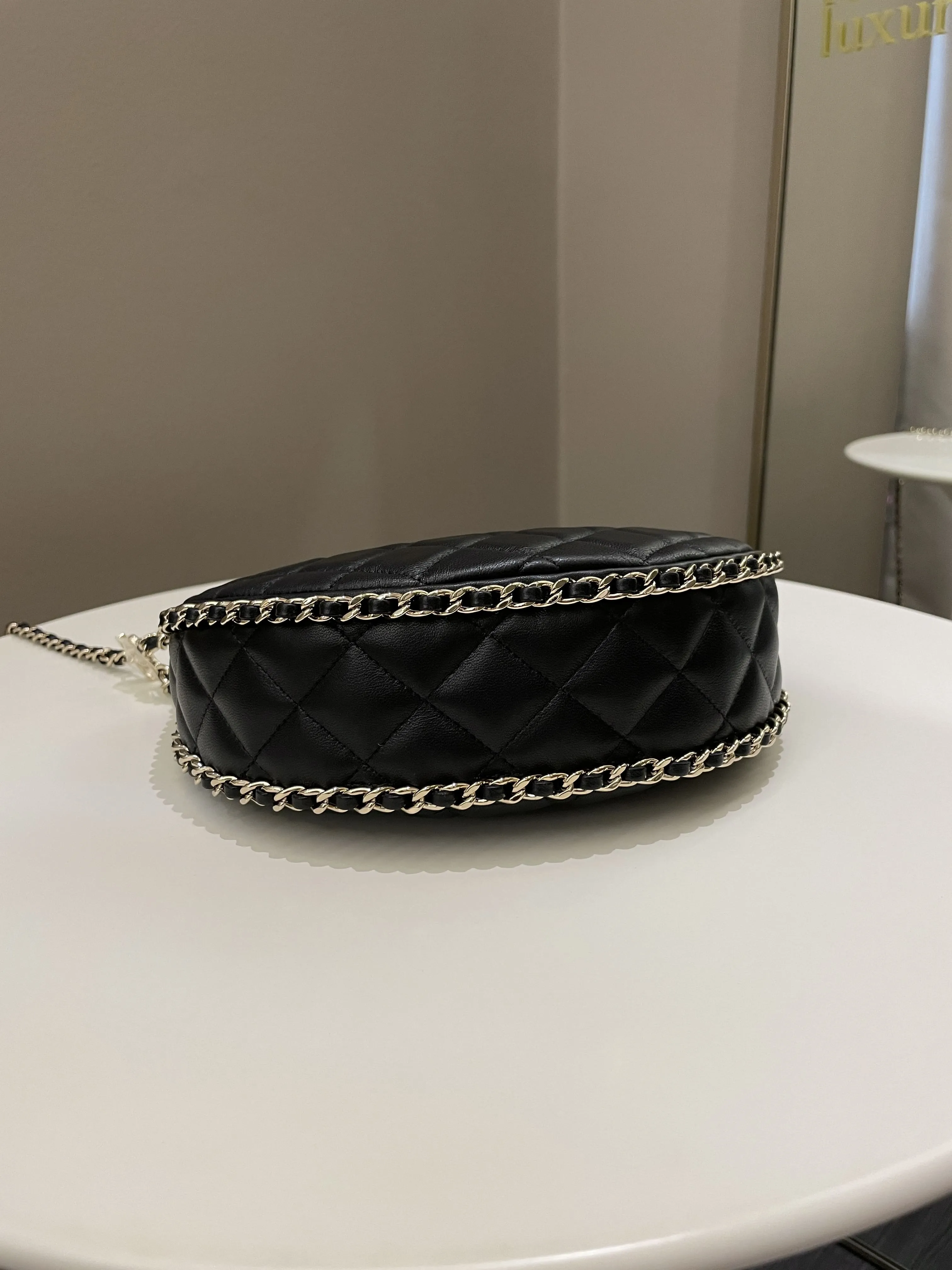 Chanel 23P Quilted Chain Around Hobo Bag Black Lambskin