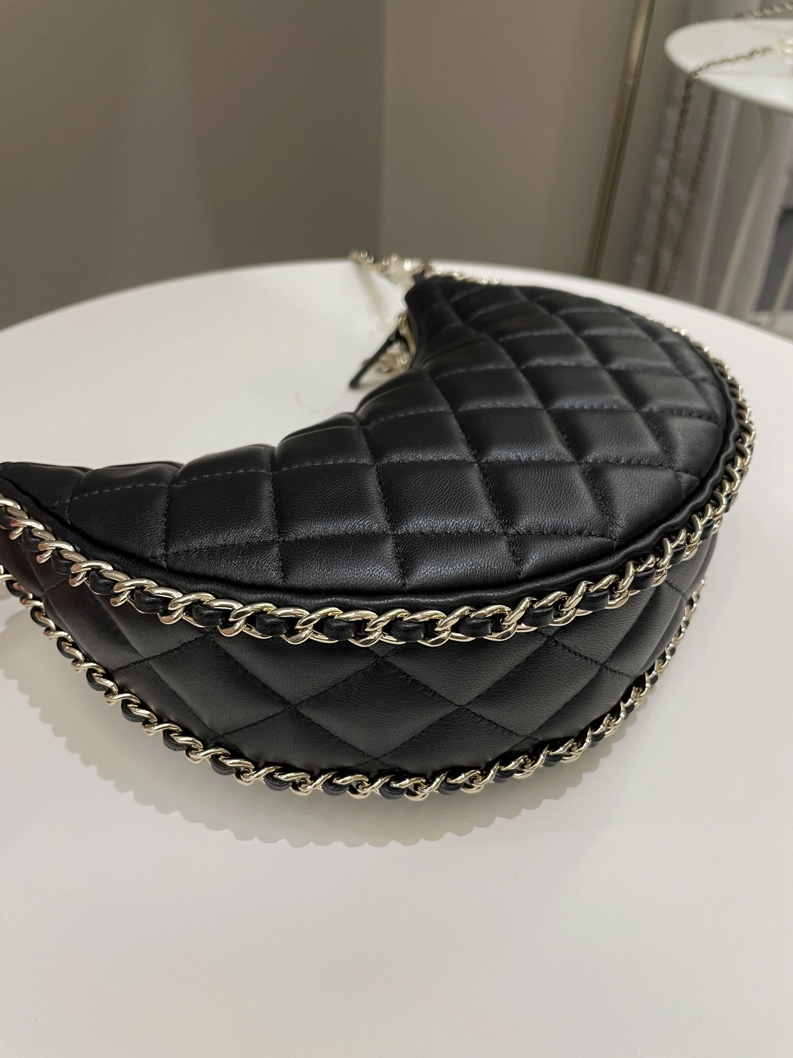 Chanel 23P Quilted Chain Around Hobo Bag Black Lambskin