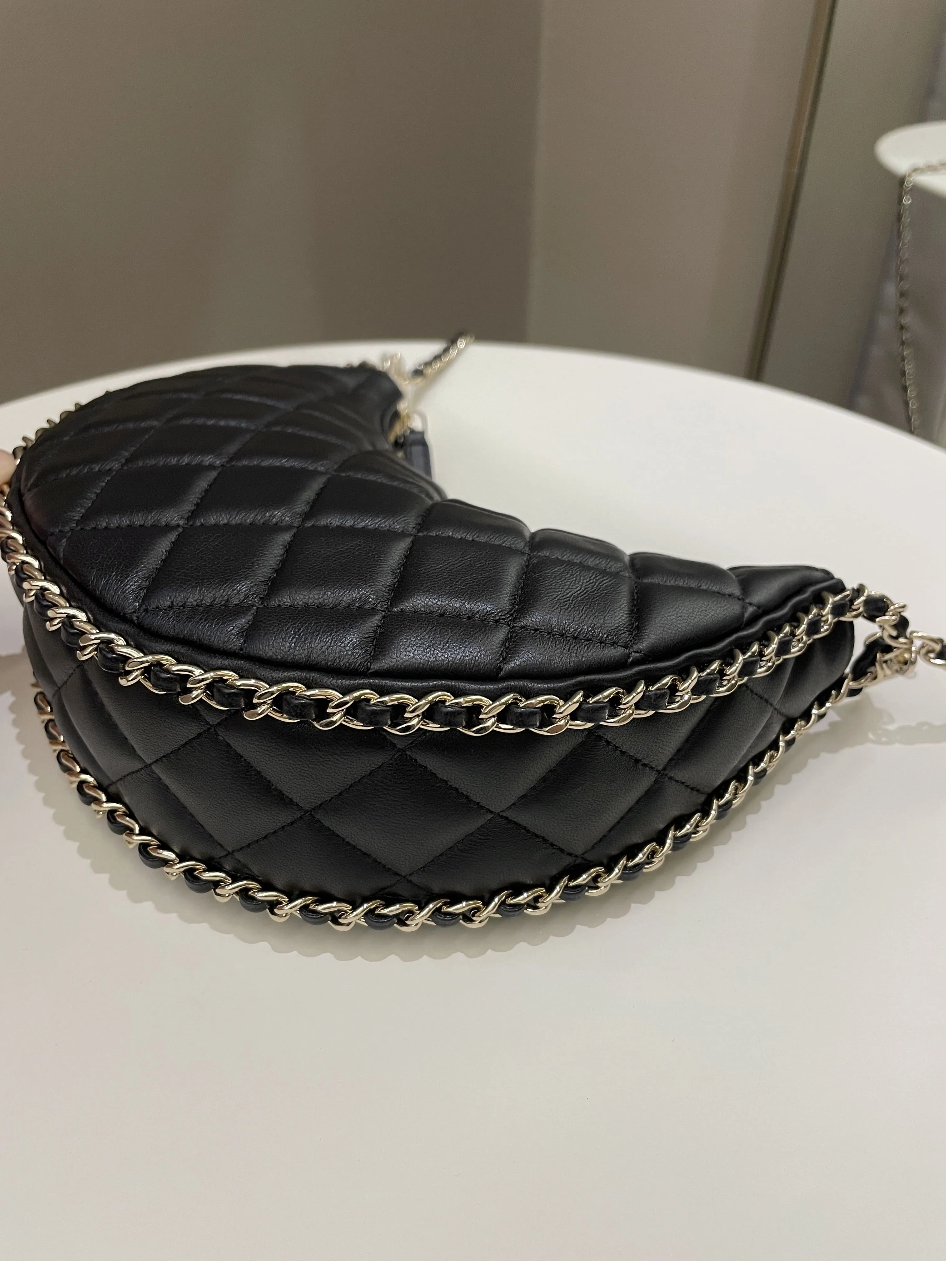 Chanel 23P Quilted Chain Around Hobo Bag Black Lambskin