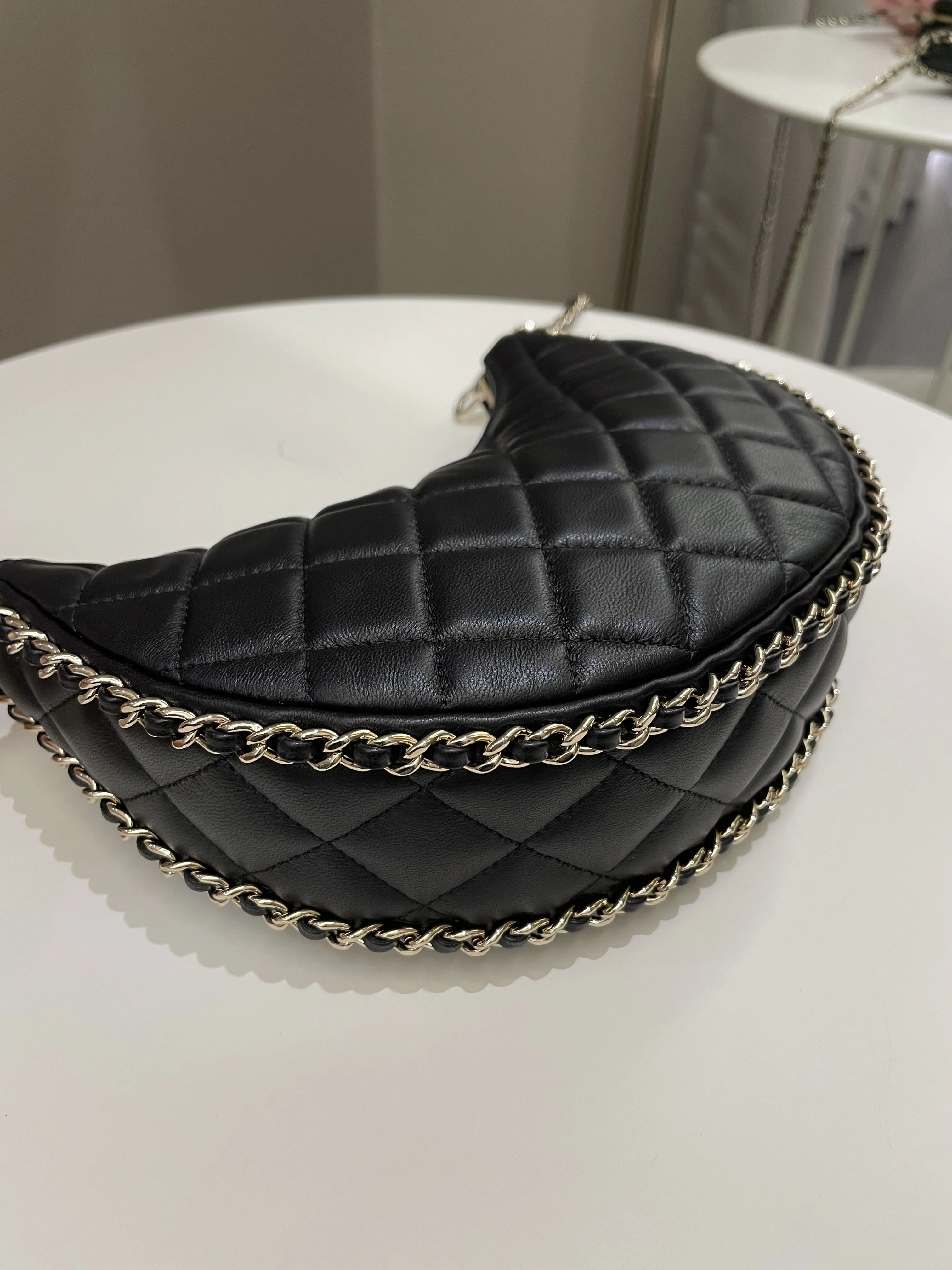 Chanel 23P Quilted Chain Around Hobo Bag Black Lambskin