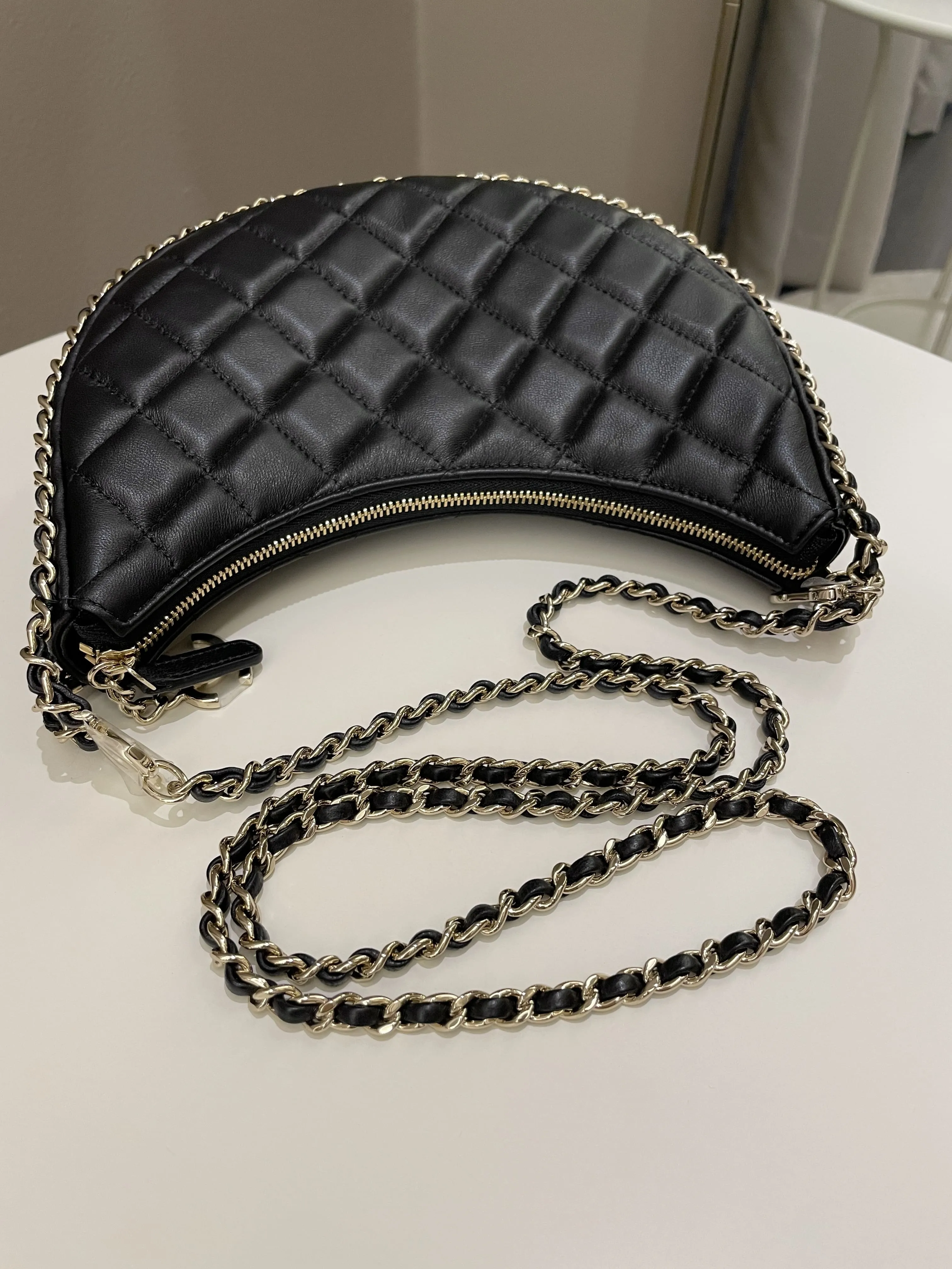 Chanel 23P Quilted Chain Around Hobo Bag Black Lambskin