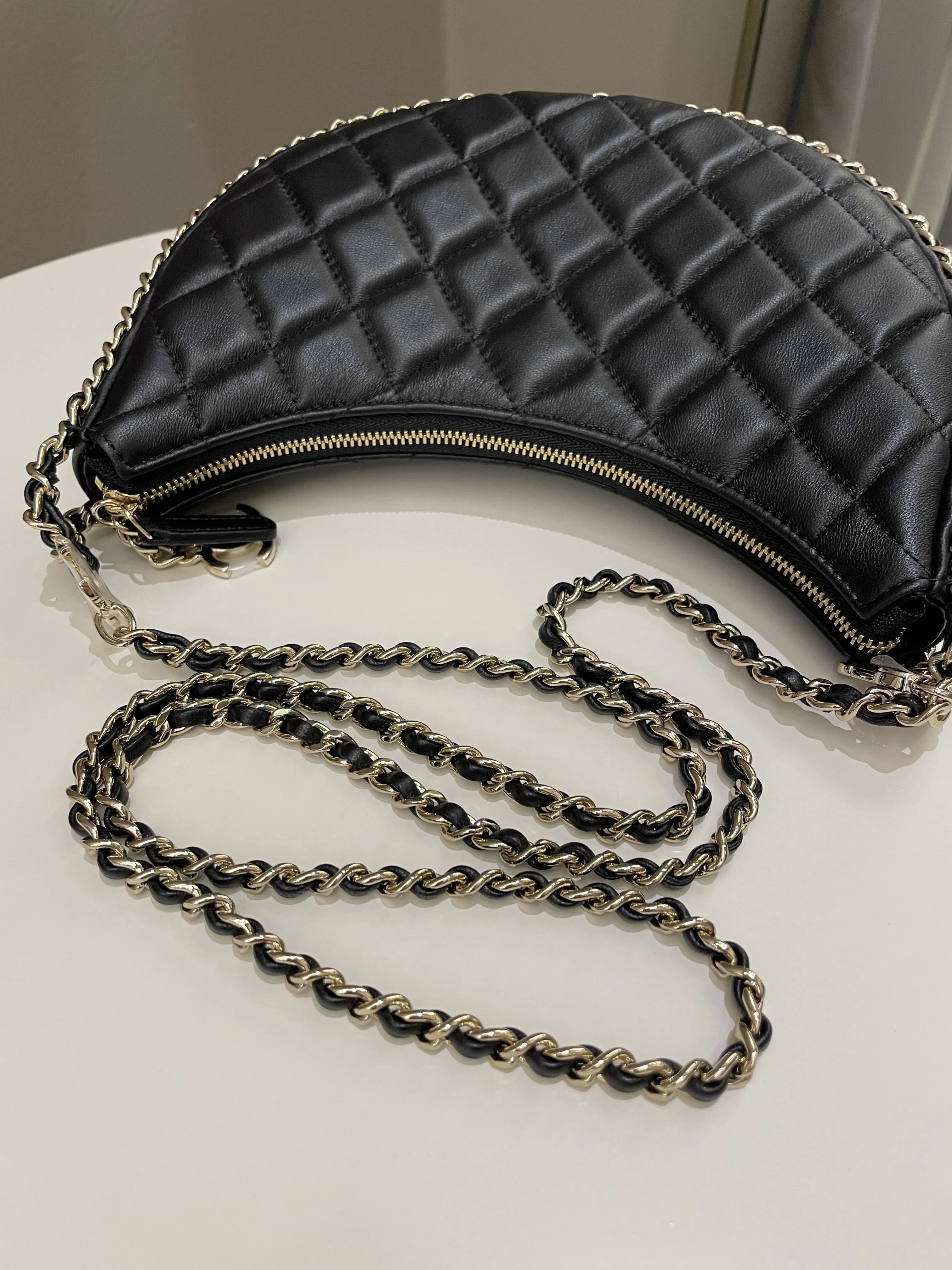 Chanel 23P Quilted Chain Around Hobo Bag Black Lambskin