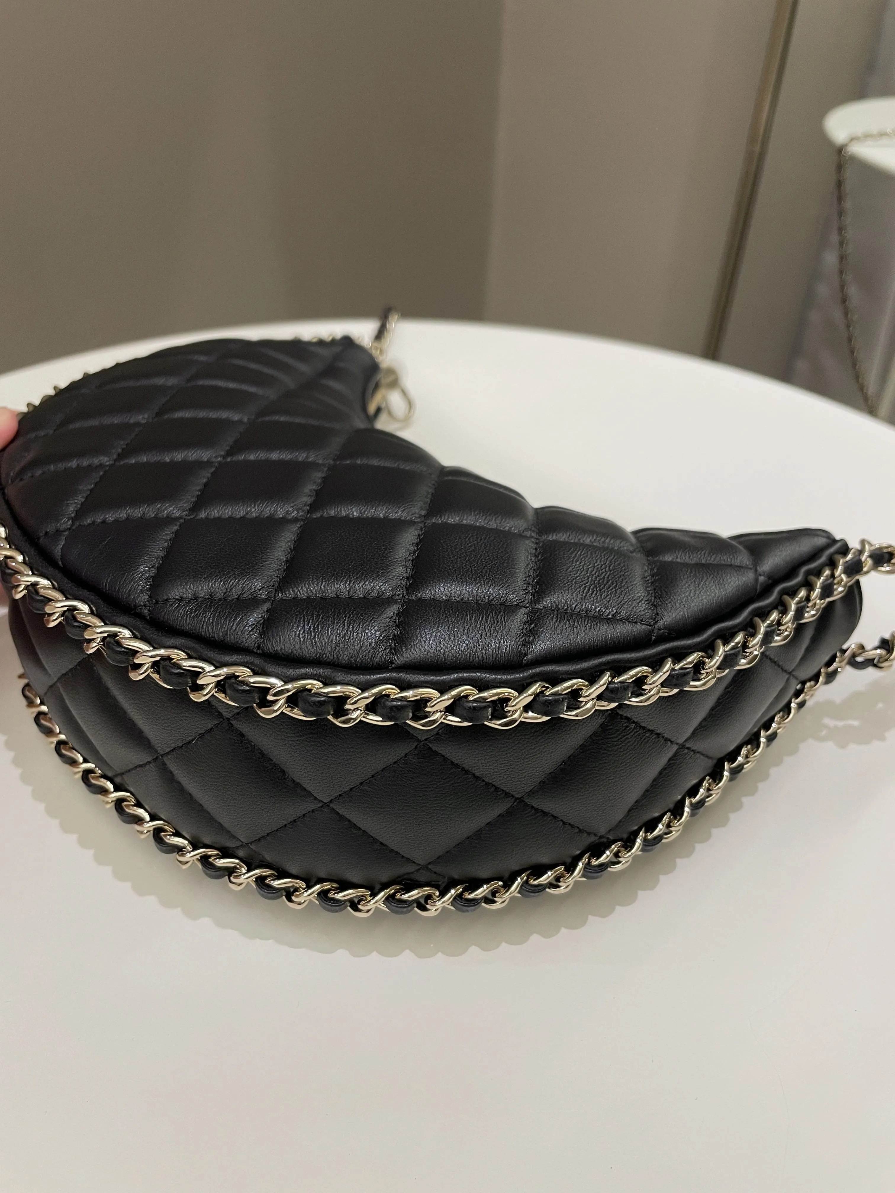 Chanel 23P Quilted Chain Around Hobo Bag Black Lambskin