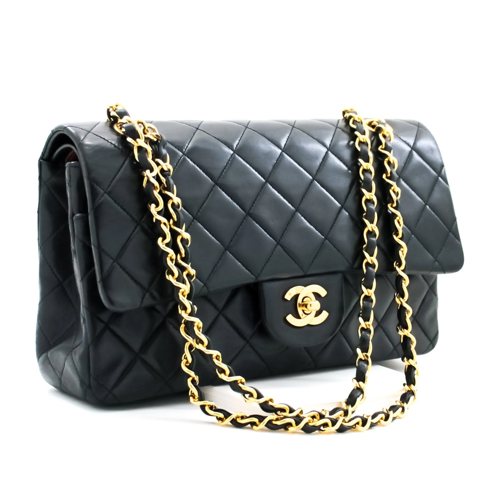 CHANEL Classic Double Flap 10" Chain Shoulder Bag Black Lambskin i65