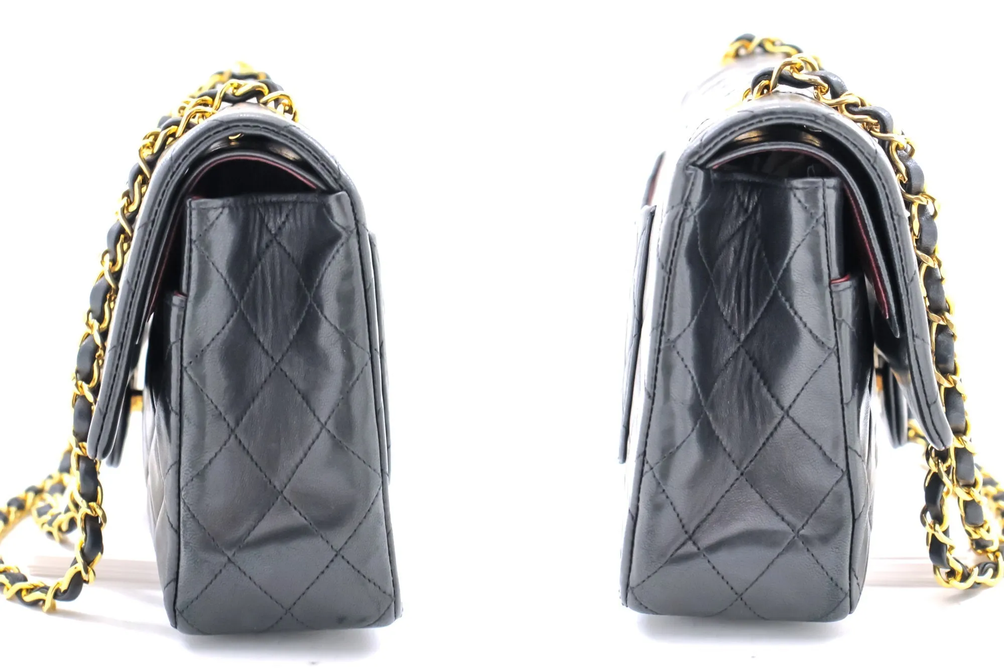 CHANEL Classic Double Flap 10" Chain Shoulder Bag Black Lambskin i65