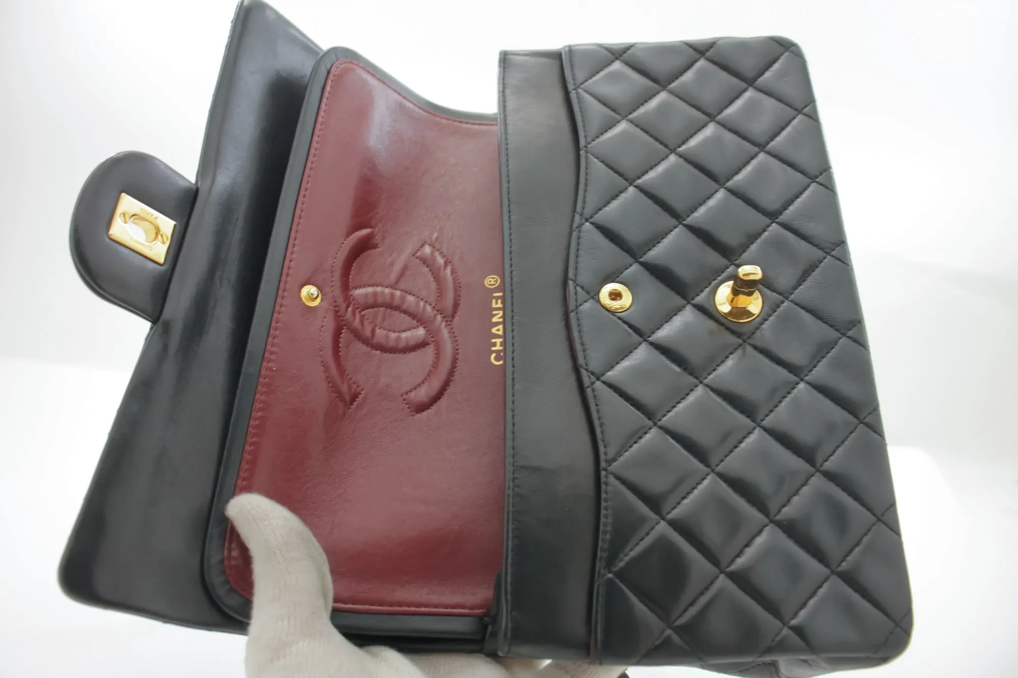 CHANEL Classic Double Flap 10" Chain Shoulder Bag Black Lambskin i65