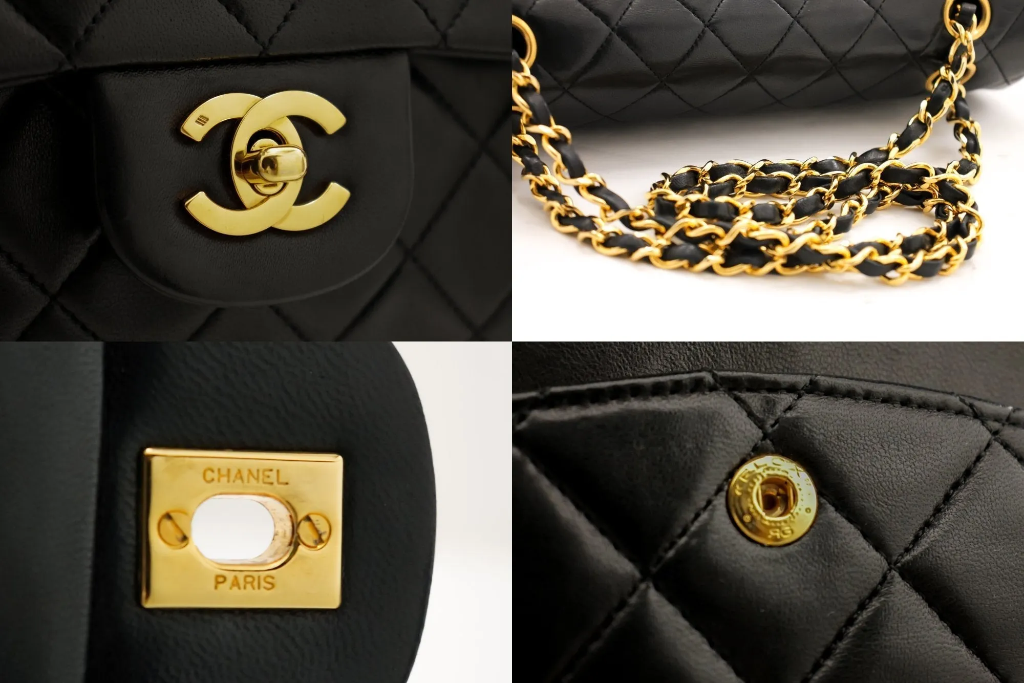 CHANEL Classic Double Flap 10" Chain Shoulder Bag Black Lambskin i65