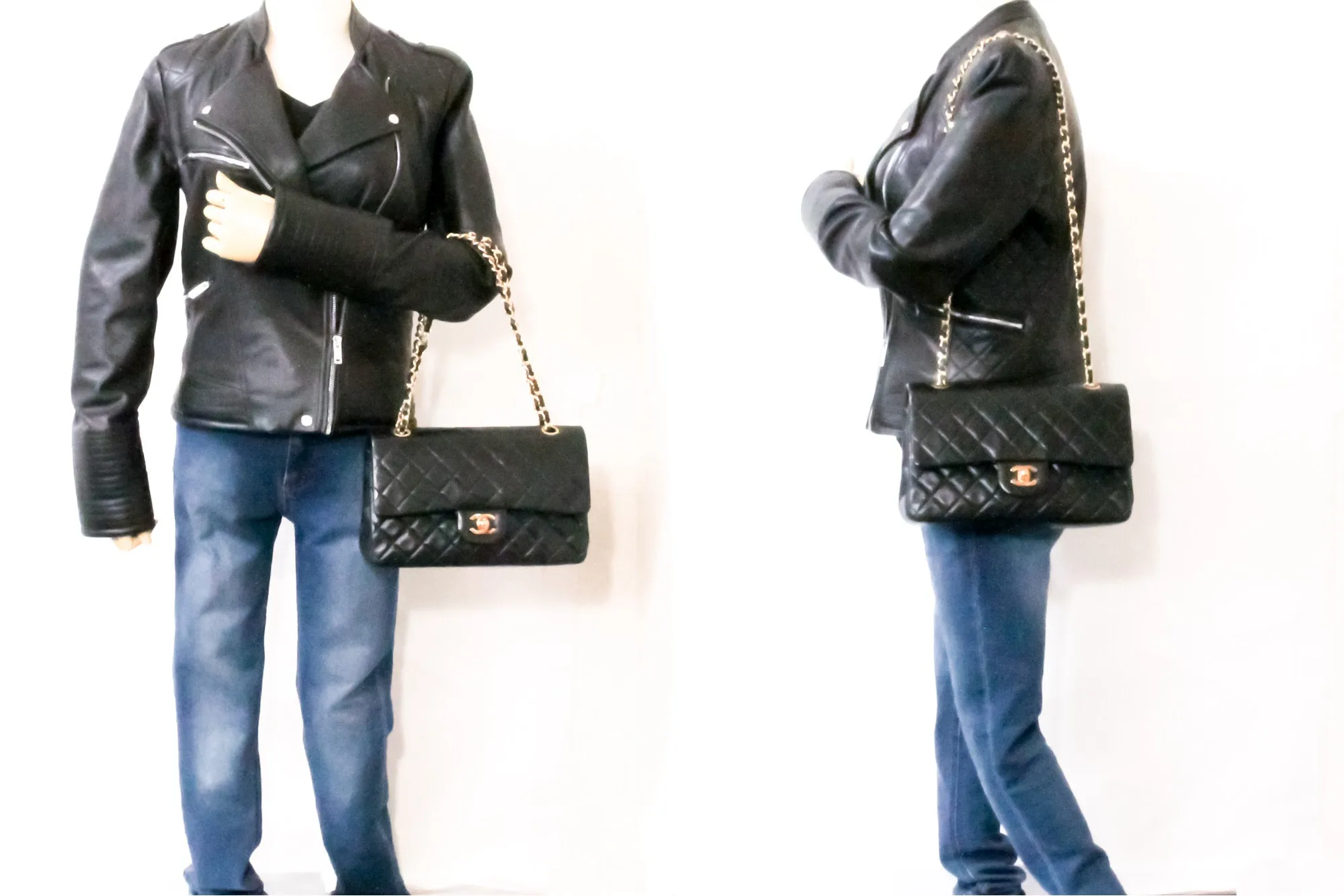 CHANEL Classic Double Flap 10" Chain Shoulder Bag Black Lambskin i65