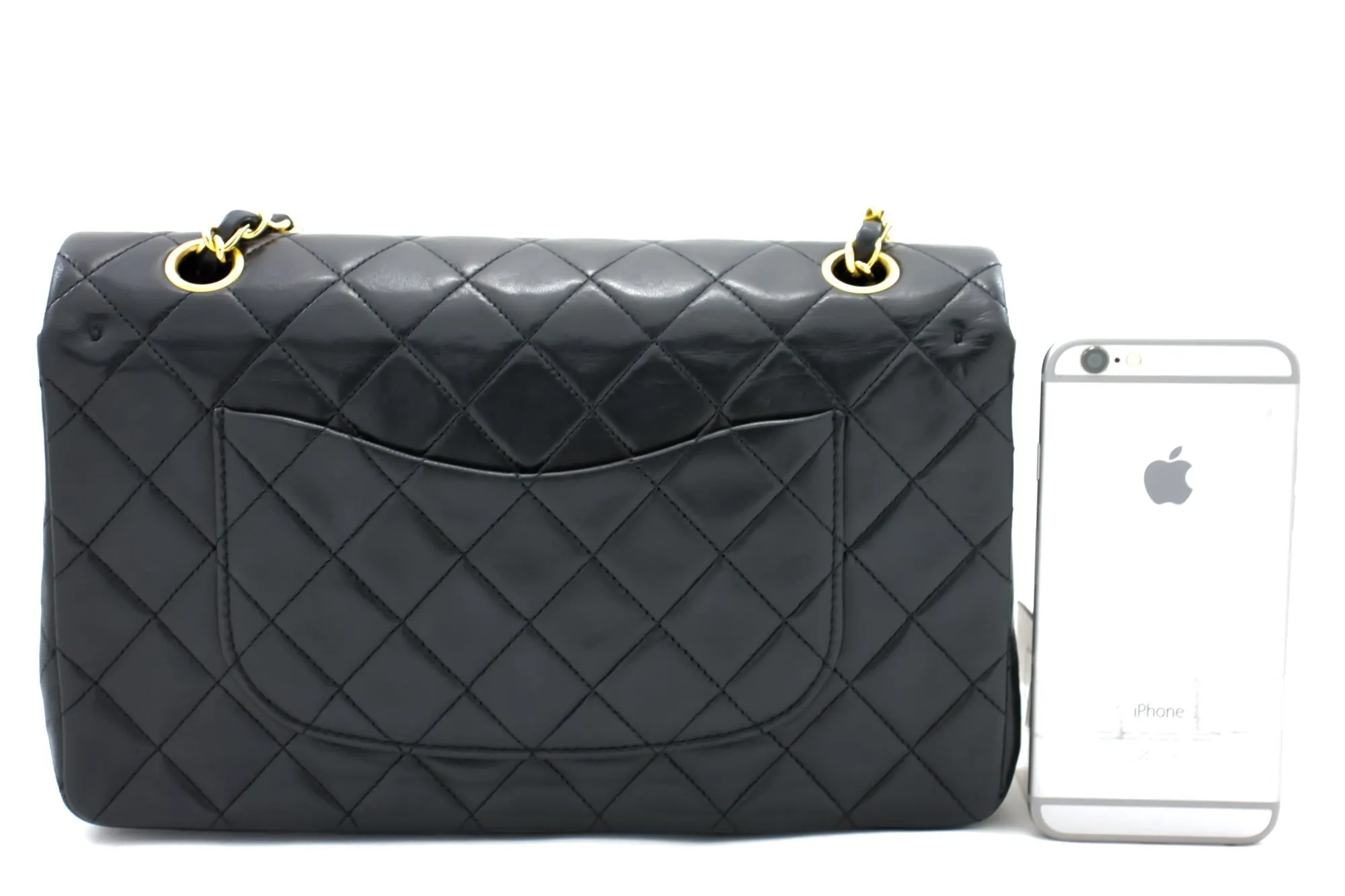 CHANEL Classic Double Flap 10" Chain Shoulder Bag Black Lambskin i65