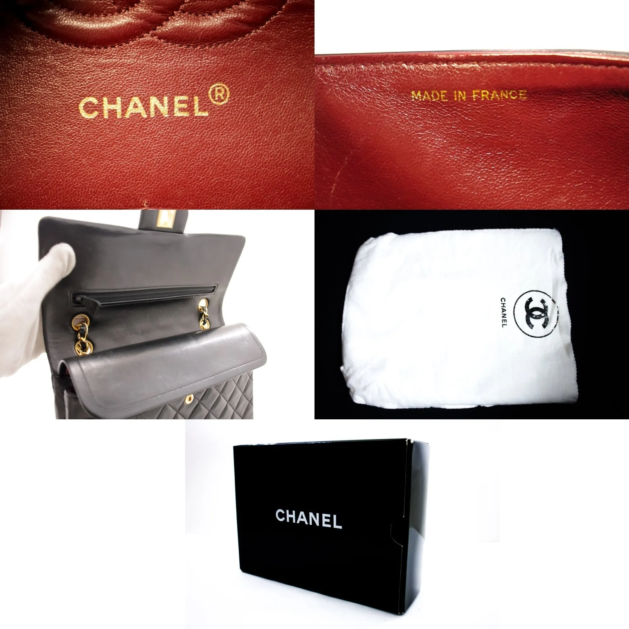 CHANEL Classic Double Flap 10" Chain Shoulder Bag Black Lambskin i65