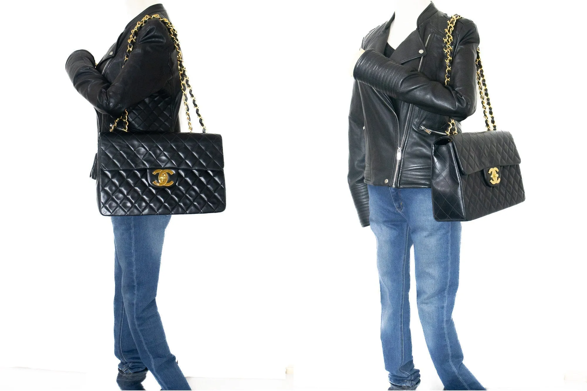 CHANEL Classic Large 13" Flap Chain Shoulder Bag Black Lambskin j56