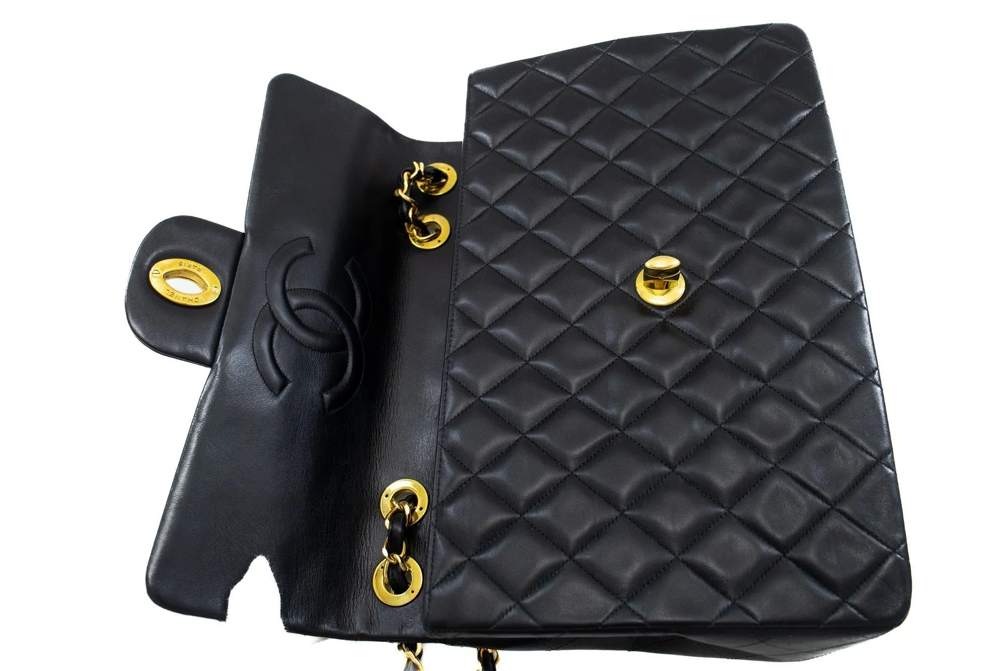 CHANEL Classic Large 13" Flap Chain Shoulder Bag Black Lambskin j56