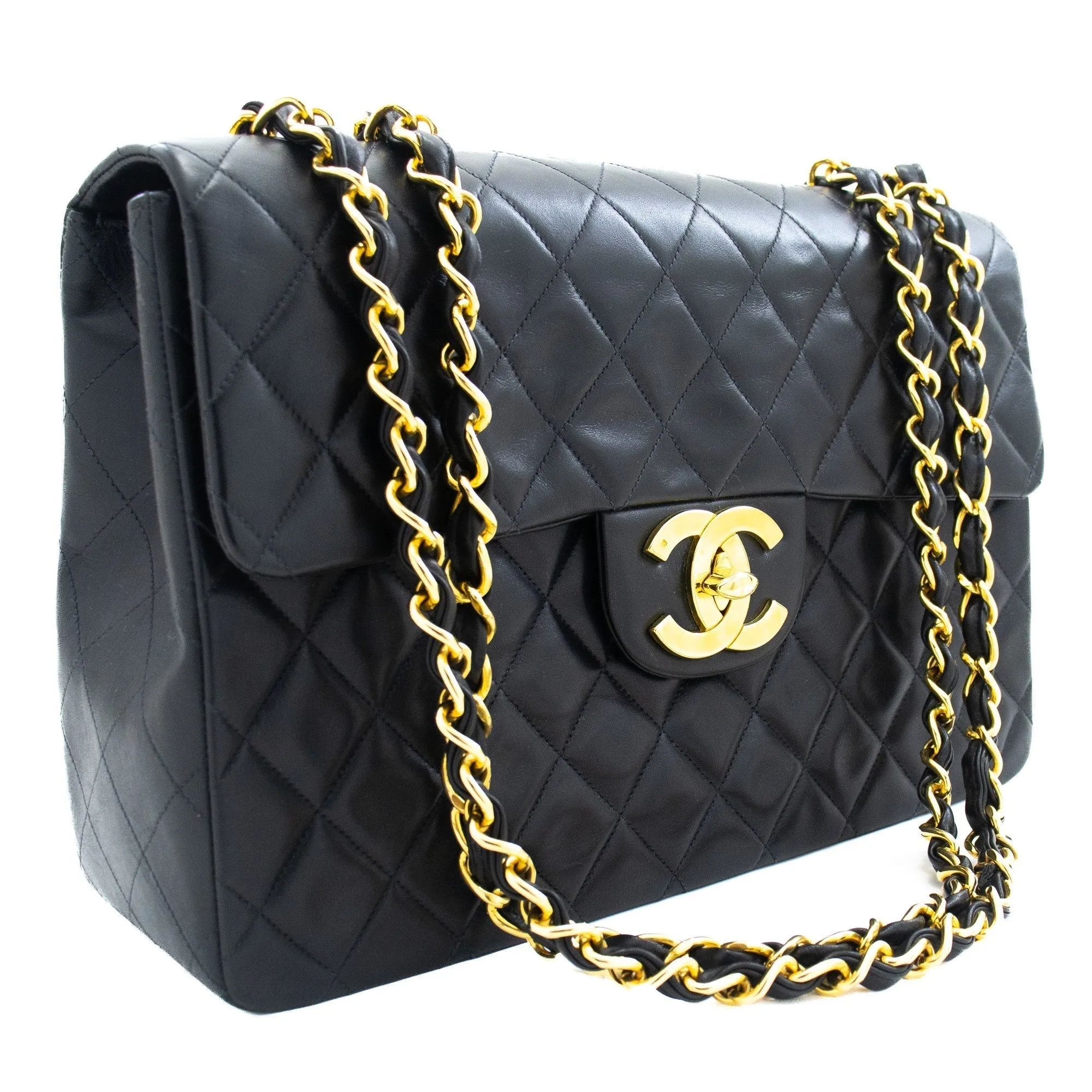 CHANEL Classic Large 13" Flap Chain Shoulder Bag Black Lambskin j56