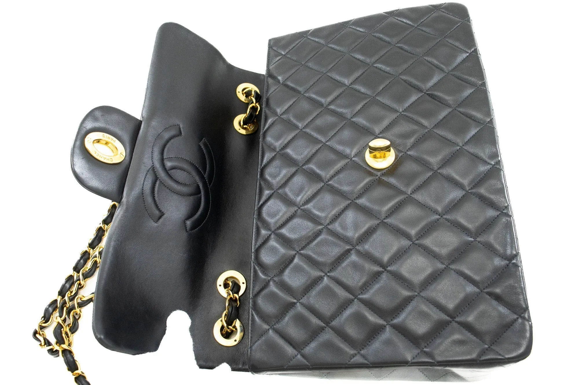 CHANEL Classic Large 13" Flap Chain Shoulder Bag Black Lambskin j82
