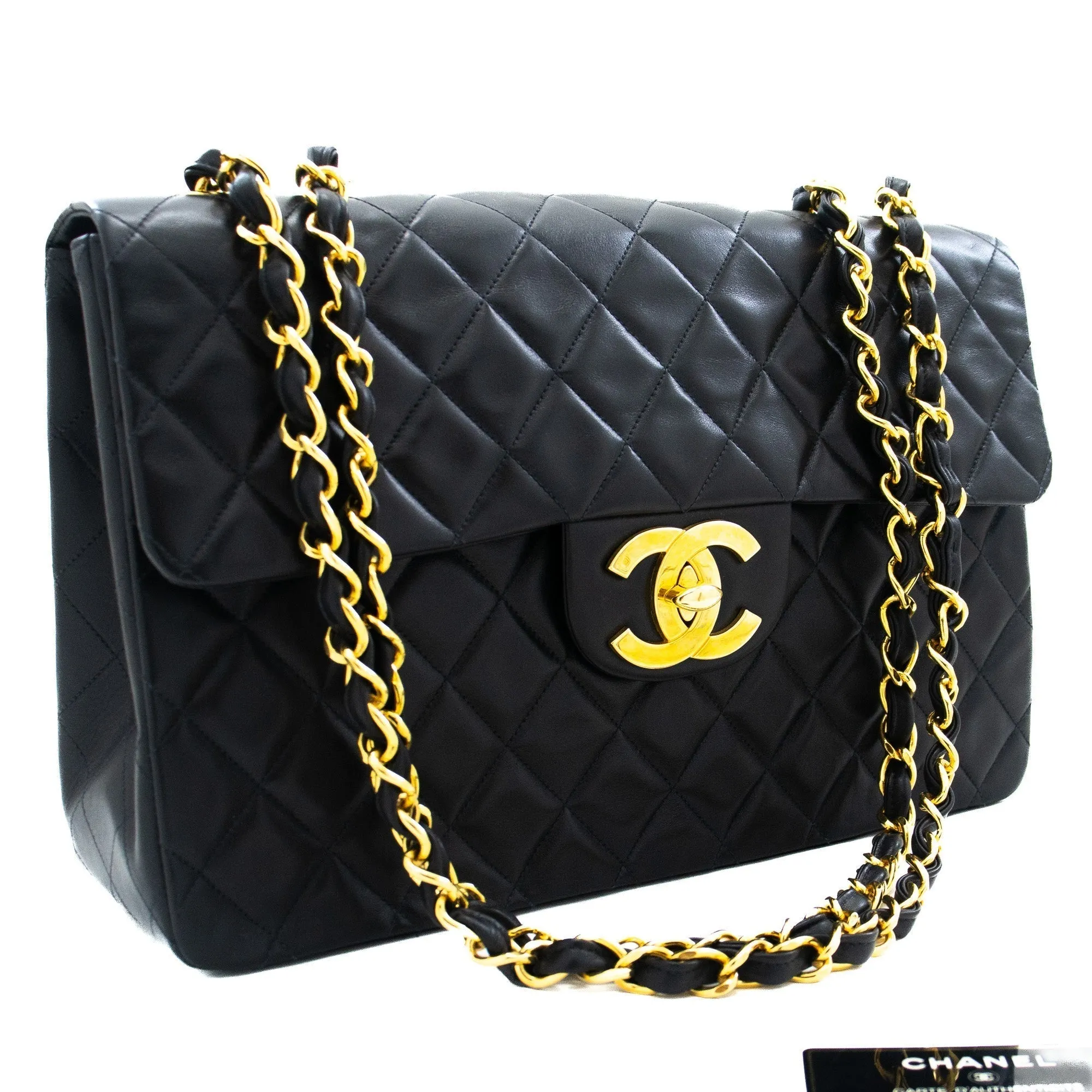 CHANEL Classic Large 13" Flap Chain Shoulder Bag Black Lambskin j82