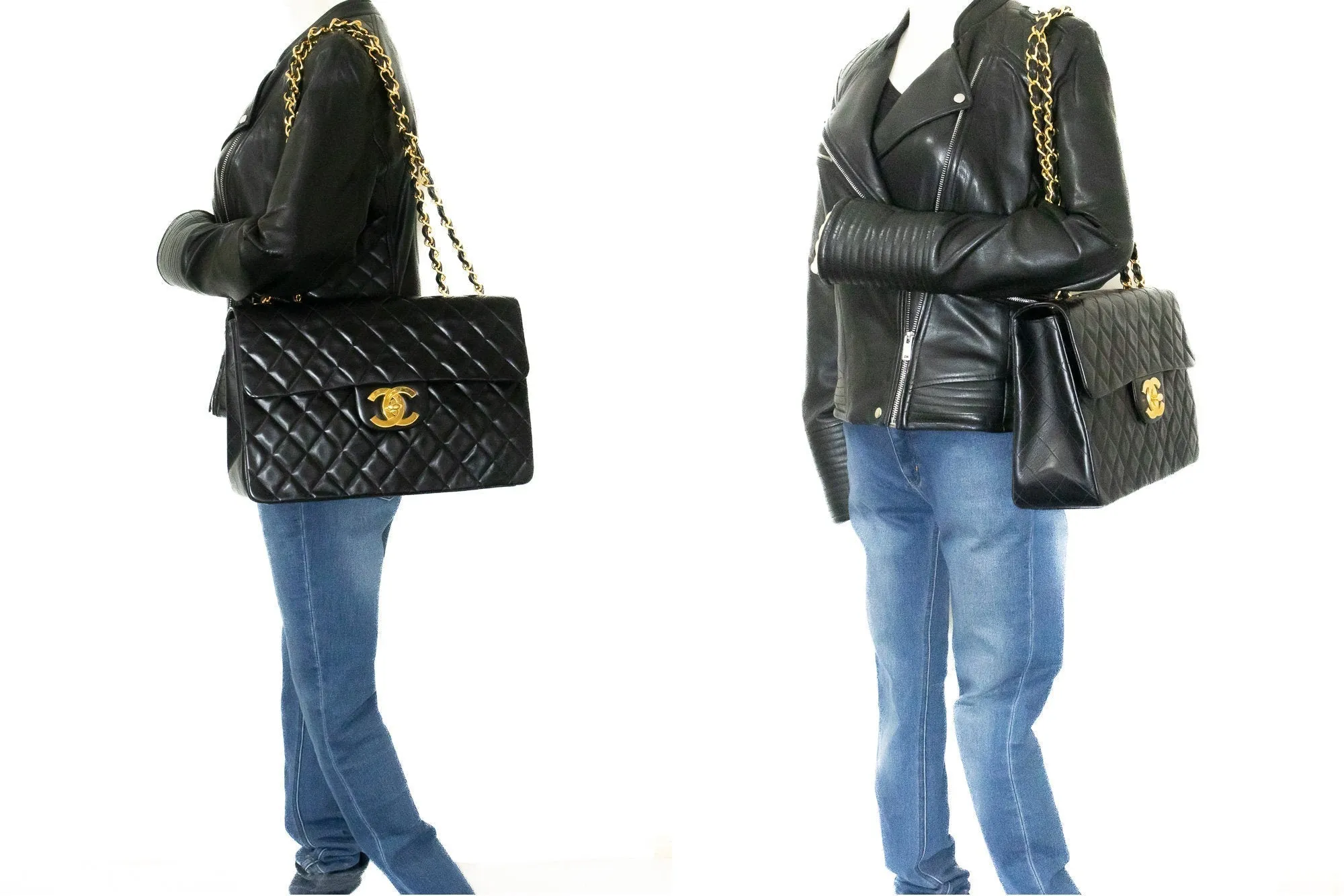 CHANEL Classic Large 13" Flap Chain Shoulder Bag Black Lambskin j82