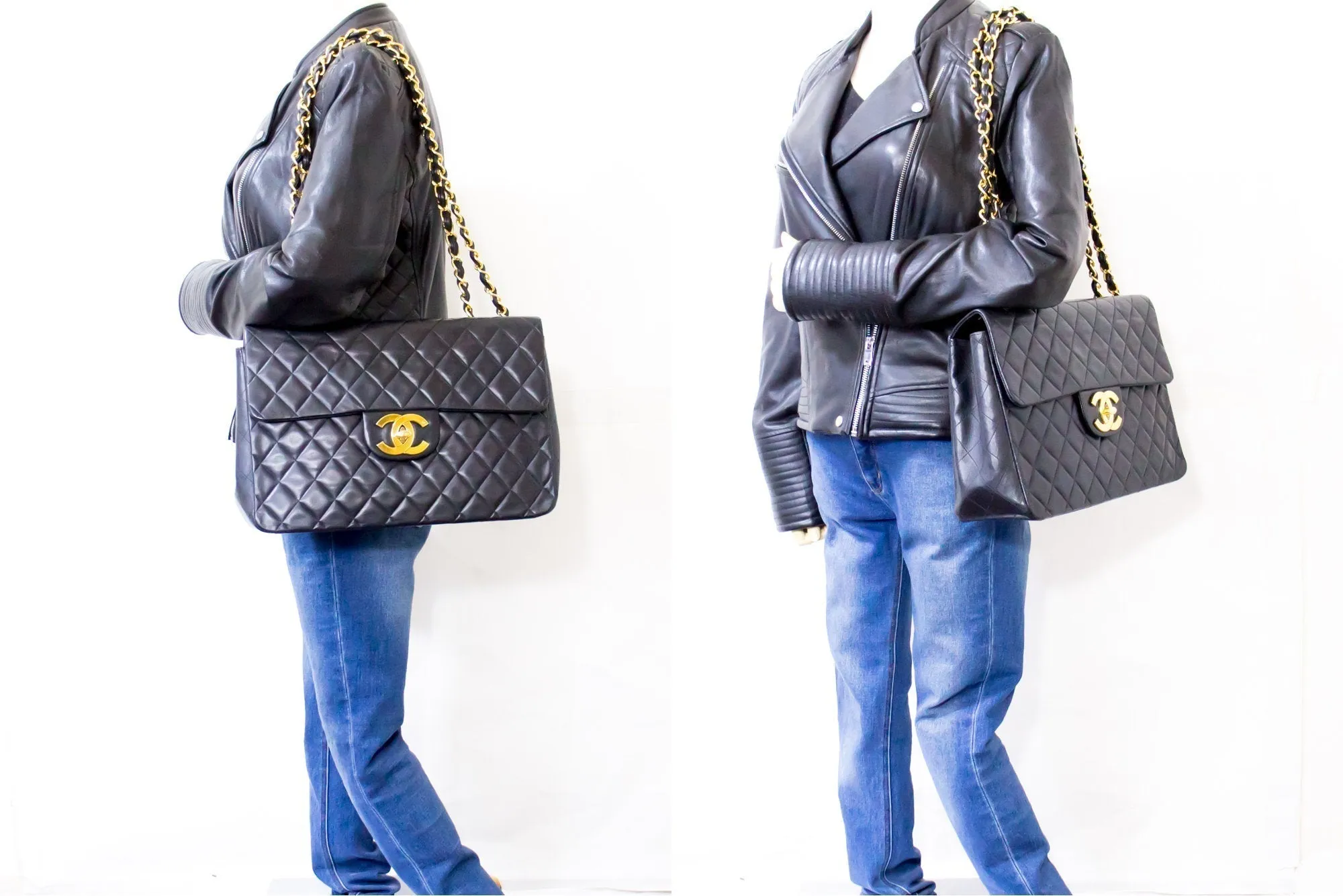 CHANEL Classic Maxi 13" 2.55 Flap Chain Shoulder Bag Black Lamb h22