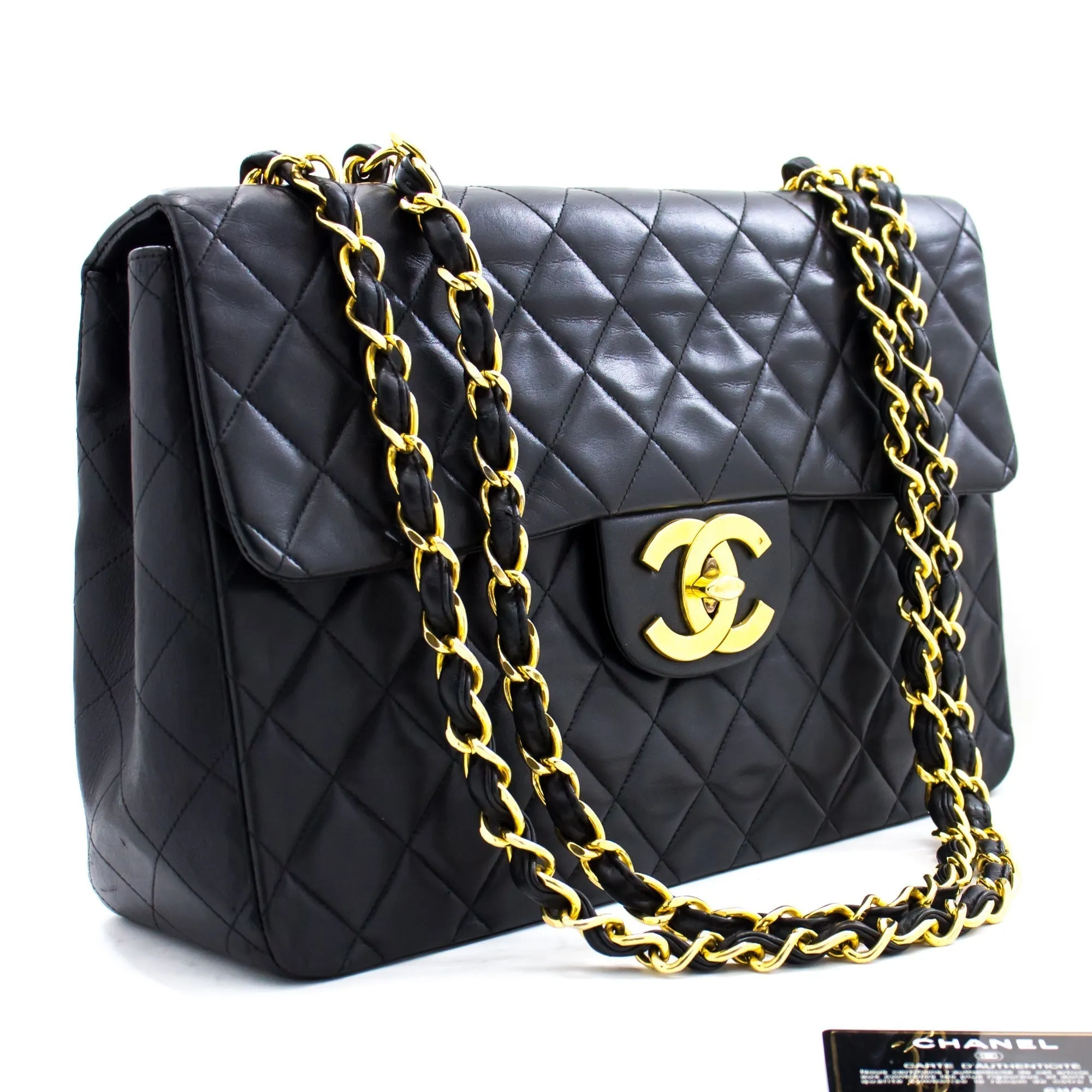 CHANEL Classic Maxi 13" 2.55 Flap Chain Shoulder Bag Black Lamb h22