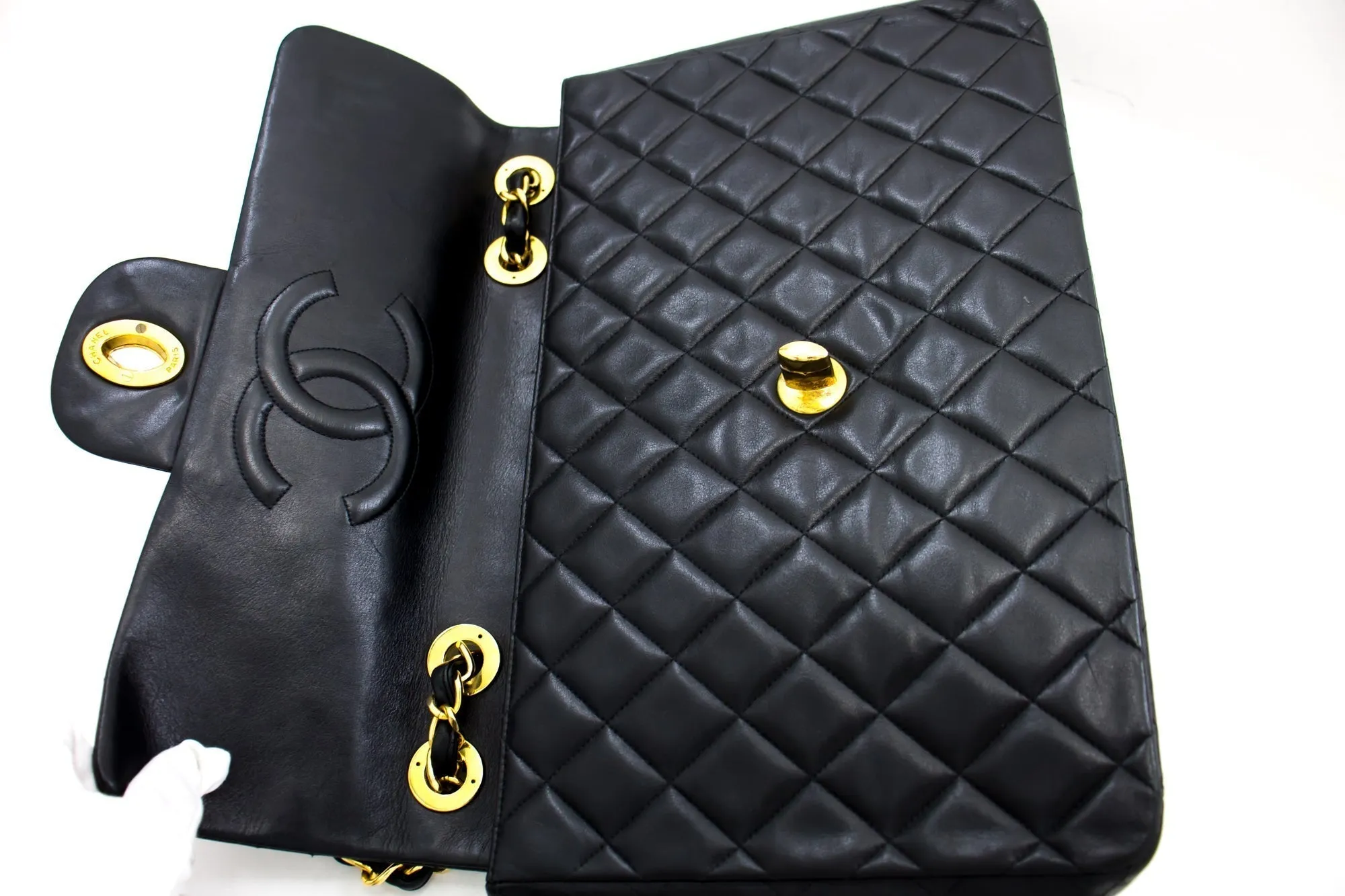 CHANEL Classic Maxi 13" 2.55 Flap Chain Shoulder Bag Black Lamb h22