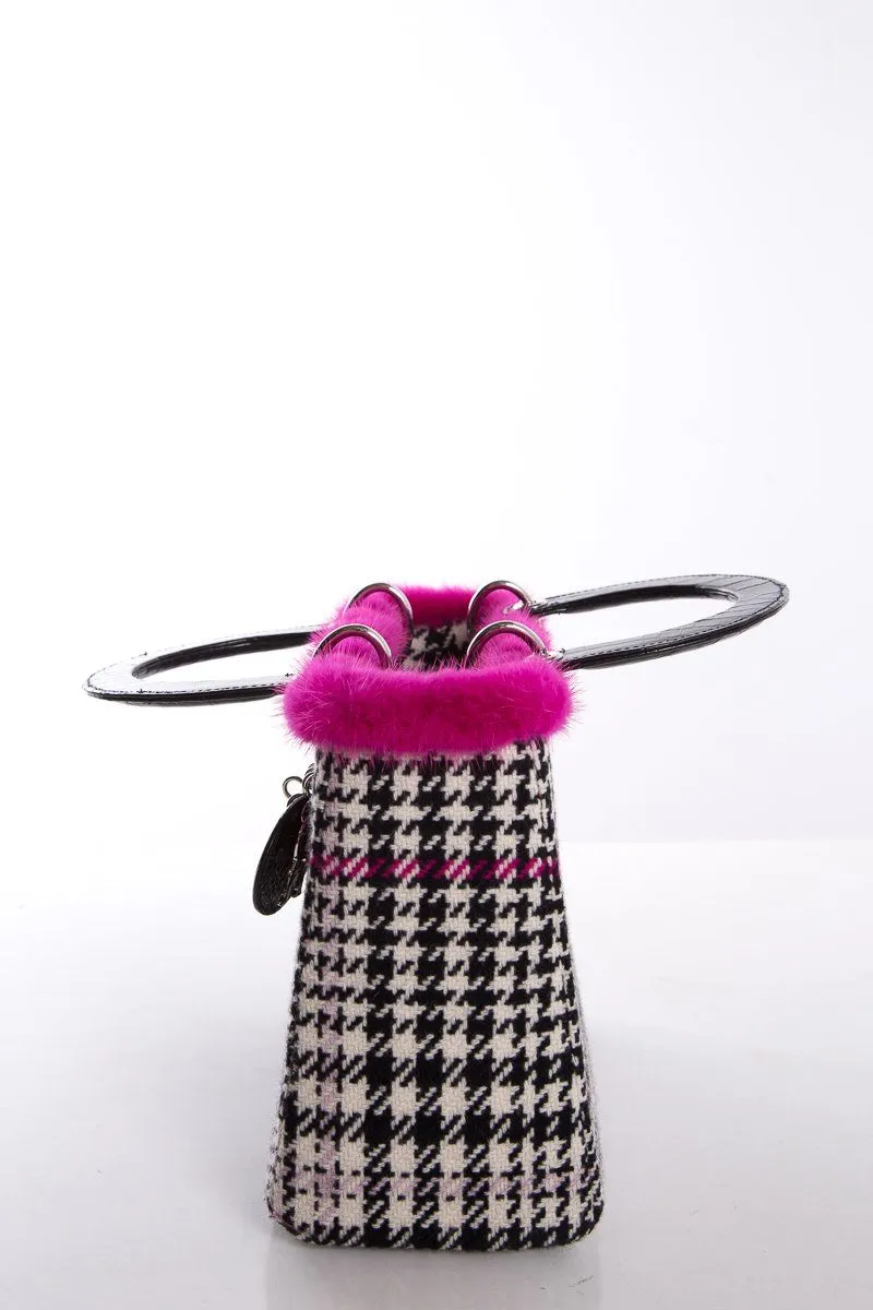 Christian Dior Black & White Wool Houndstooth Mink Trim Crocodile Handle Bag