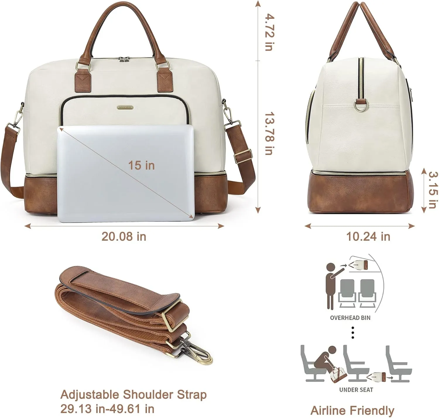 CLUCI Travel Duffle Bag for Women Leather Oversized Weekender Bag Overnight Bags Beige with Brown