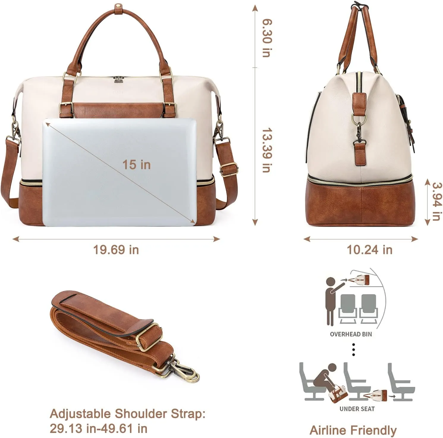 CLUCI Weekender Bag for Women Leather Large Overnight Travel Duffel Bag with Shoe Compartment Beige with Brown