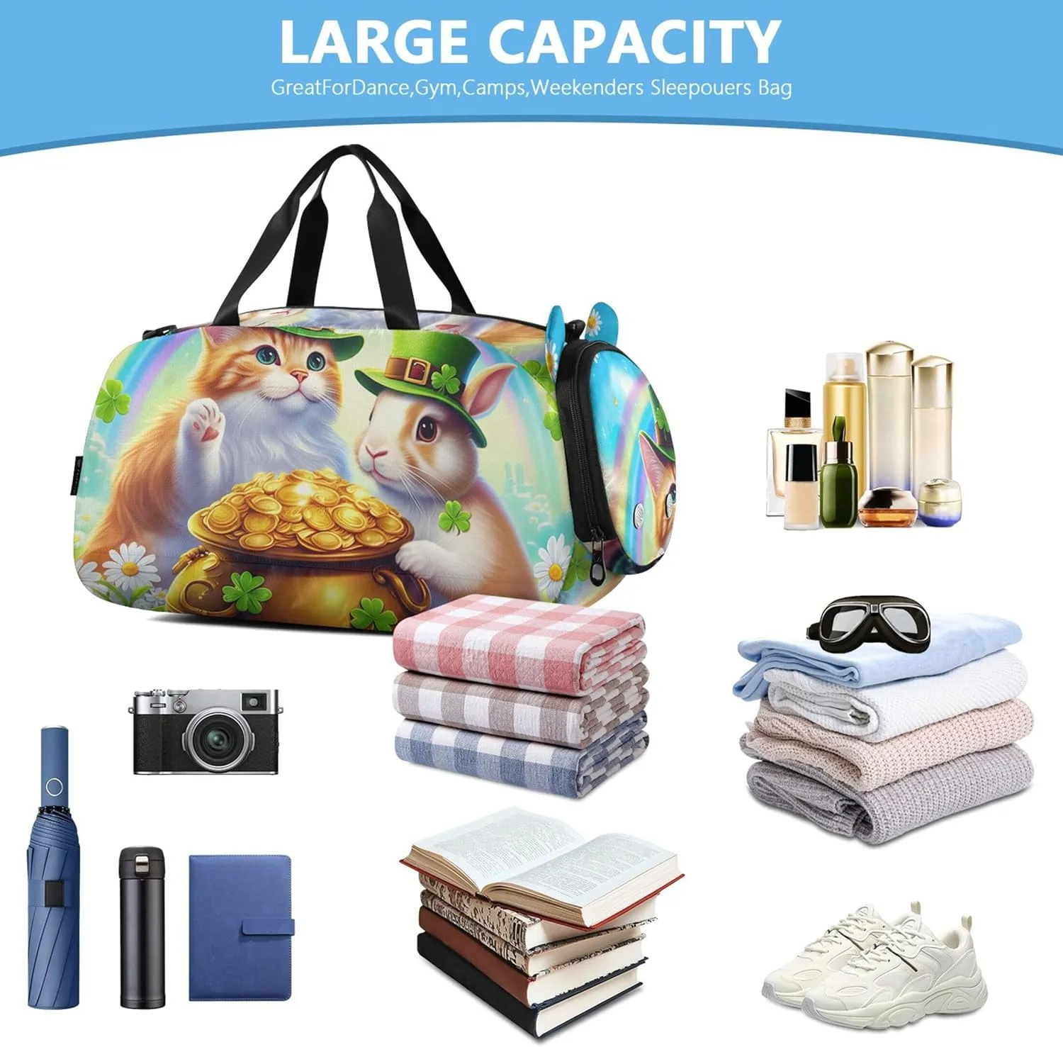 Colorful Cat Rabbit Green Hats St Duffle Bags for Traveling Tote Toddler Weekender Bags Carry on Duffel Bag Boy Kids Luggage Sports Bag