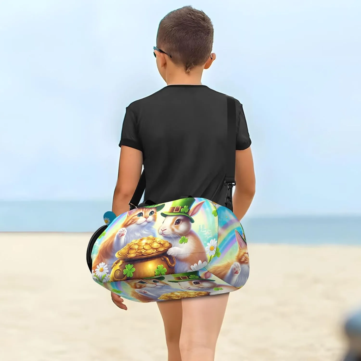 Colorful Cat Rabbit Green Hats St Duffle Bags for Traveling Tote Toddler Weekender Bags Carry on Duffel Bag Boy Kids Luggage Sports Bag
