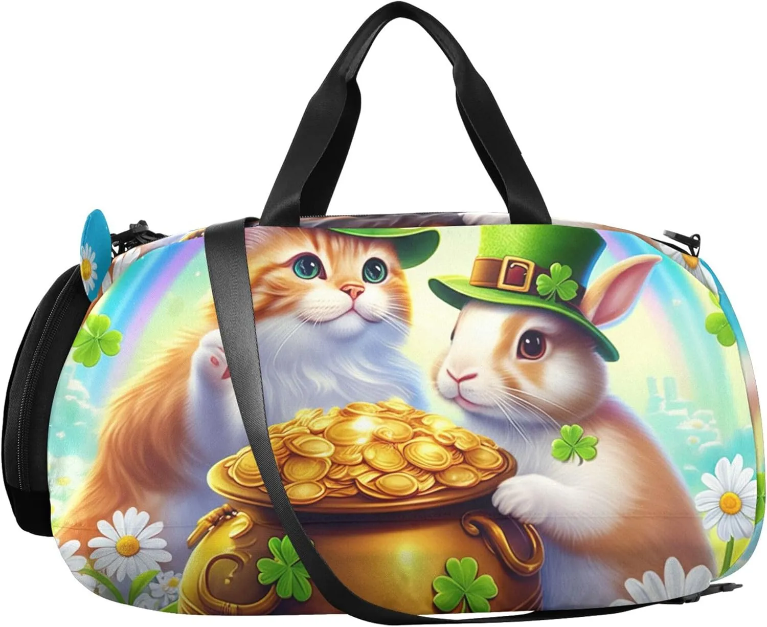 Colorful Cat Rabbit Green Hats St Duffle Bags for Traveling Tote Toddler Weekender Bags Carry on Duffel Bag Boy Kids Luggage Sports Bag