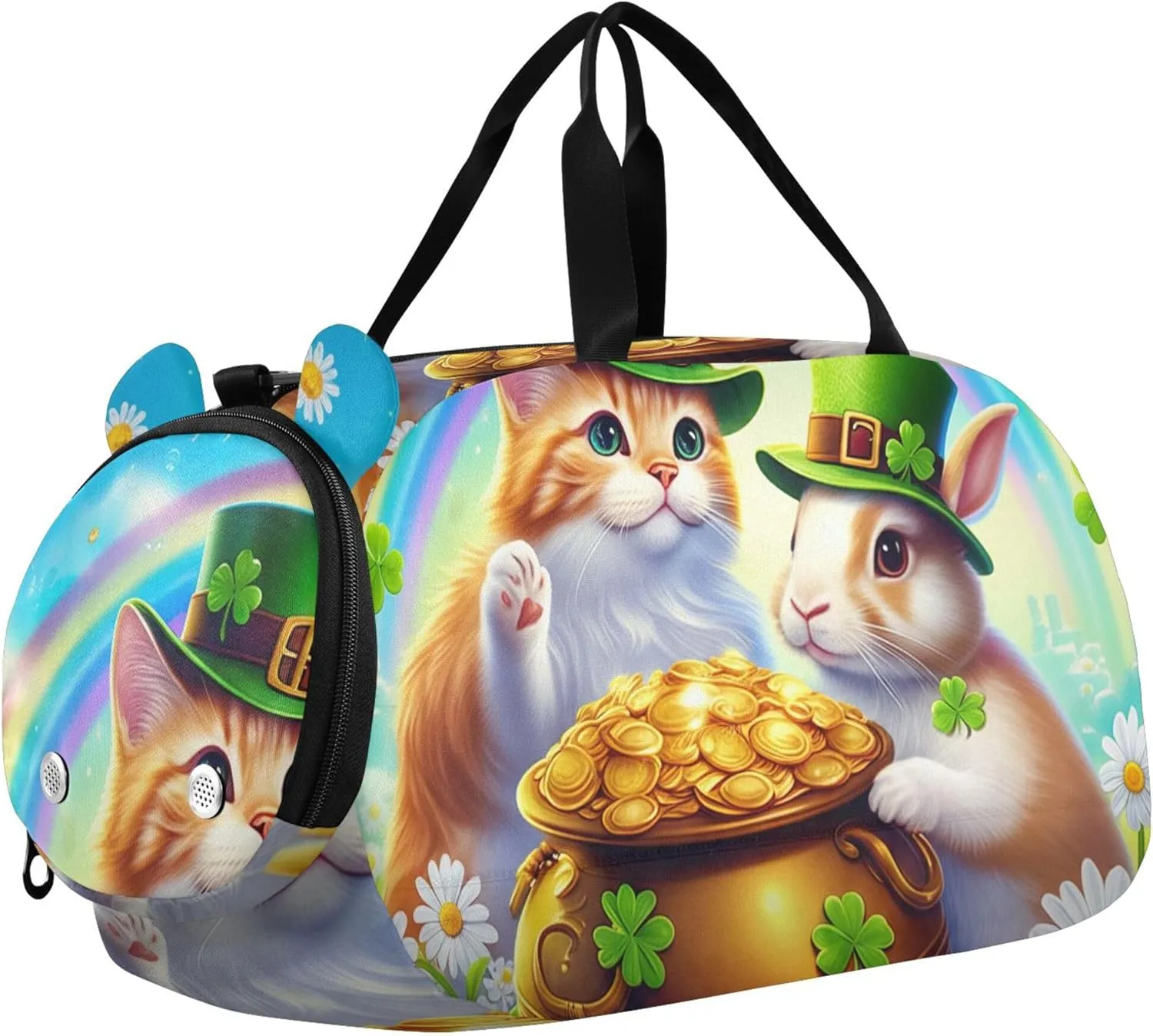 Colorful Cat Rabbit Green Hats St Duffle Bags for Traveling Tote Toddler Weekender Bags Carry on Duffel Bag Boy Kids Luggage Sports Bag