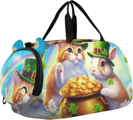 Colorful Cat Rabbit Green Hats St Duffle Bags for Traveling Tote Toddler Weekender Bags Carry on Duffel Bag Boy Kids Luggage Sports Bag