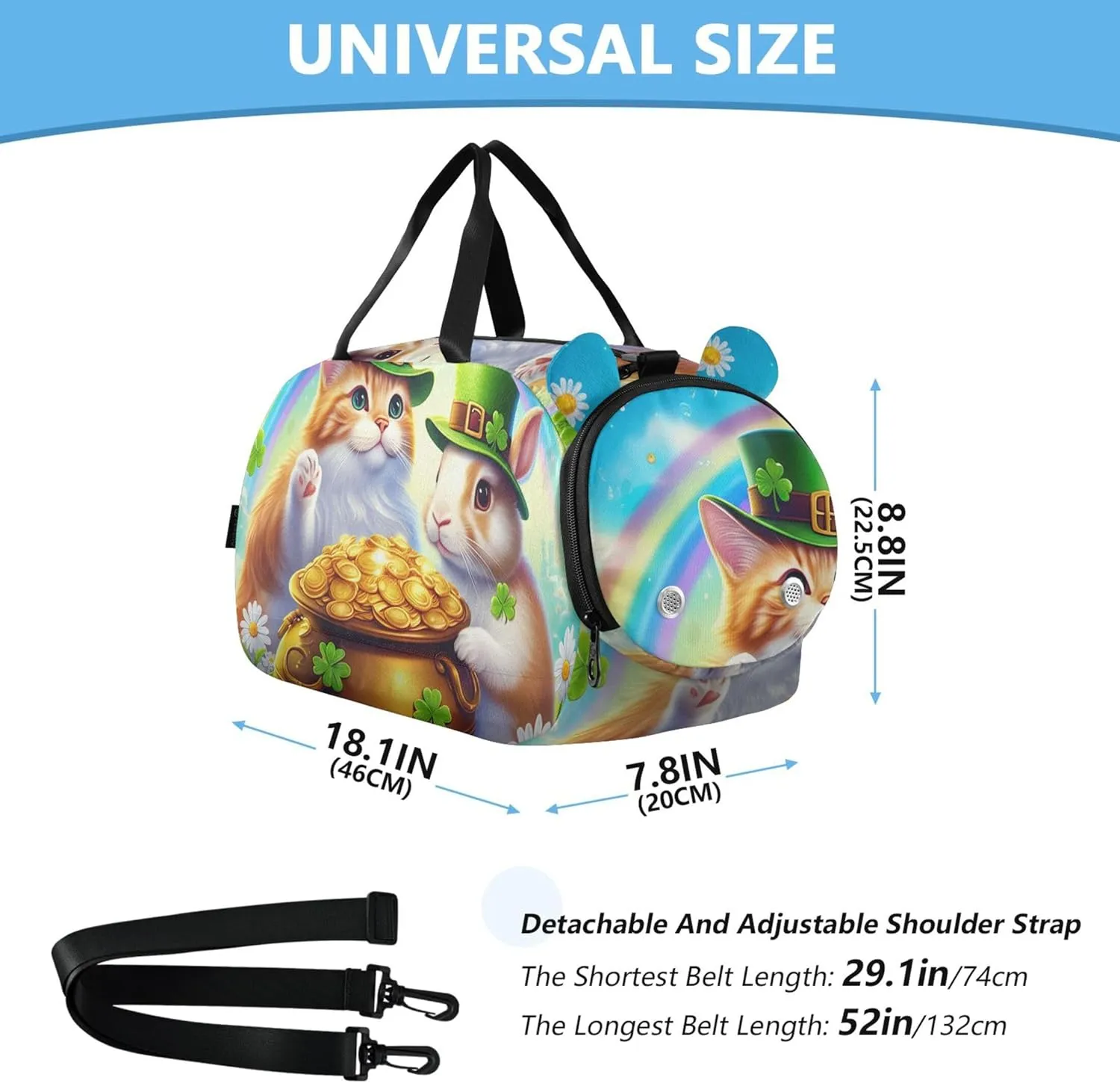 Colorful Cat Rabbit Green Hats St Duffle Bags for Traveling Tote Toddler Weekender Bags Carry on Duffel Bag Boy Kids Luggage Sports Bag