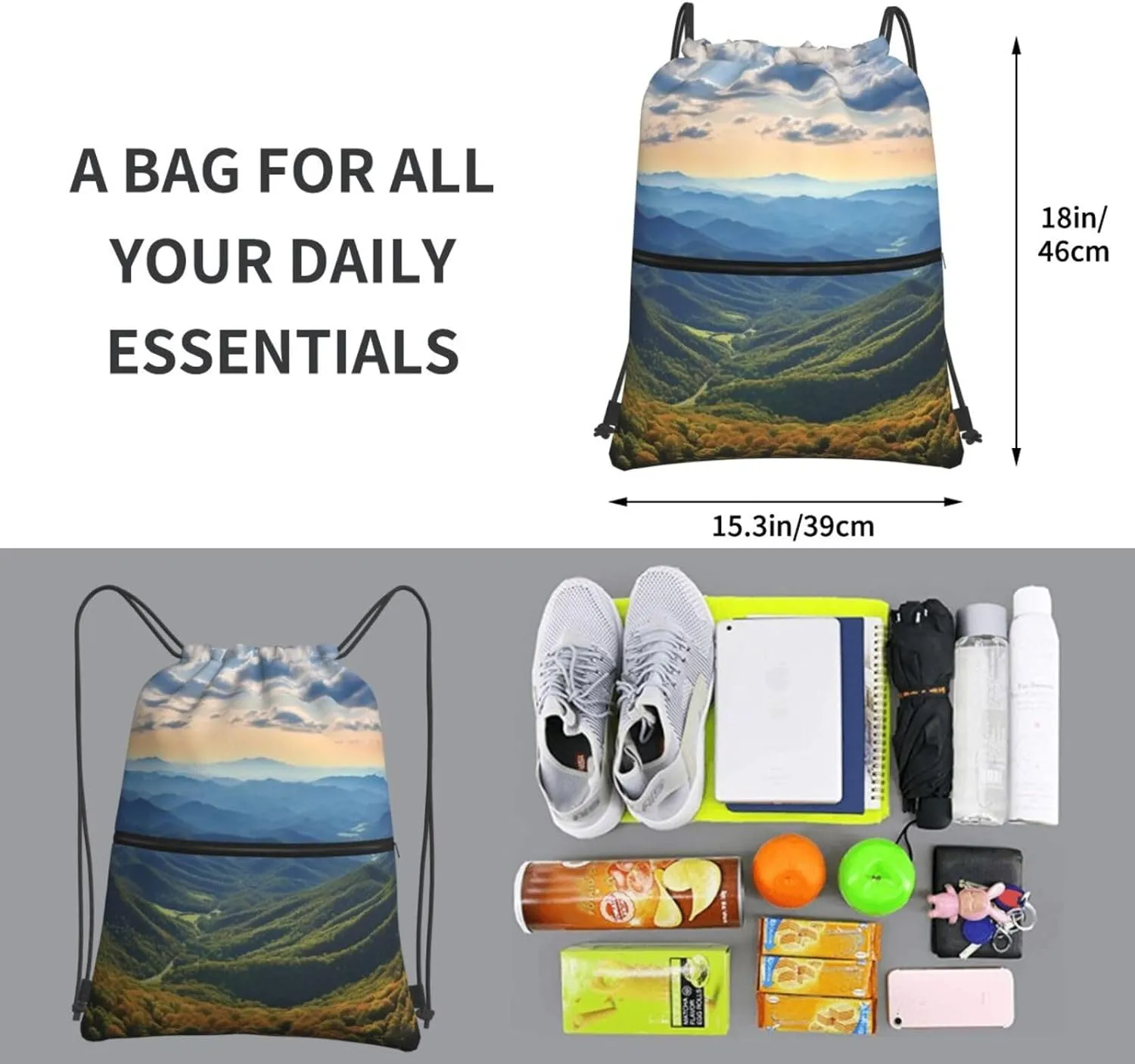 Drawstring Backpack Sports Gym Bag Blue Ridge Parkway Mountains Drawstring Bags Foldable Backpack for Women Men