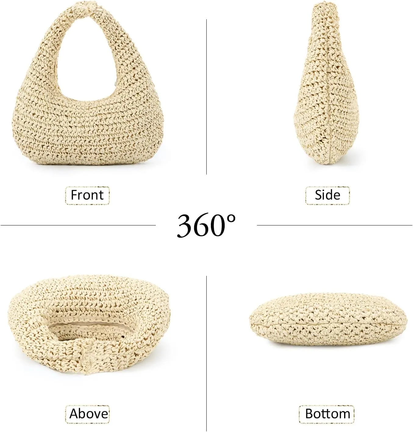 Fecialy Straw Bag for Women Crescent Shoulder Handbag Straw Summer Beach Tote Handbag Raffia Woven Hobo Bag