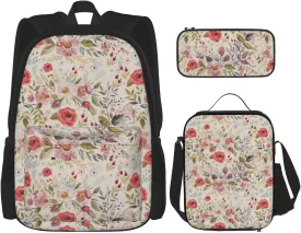 flower leaf print 3-Piece Casual Backpack Set (Backpack   Waist Bag   Small Pouch), Unisex Daypack