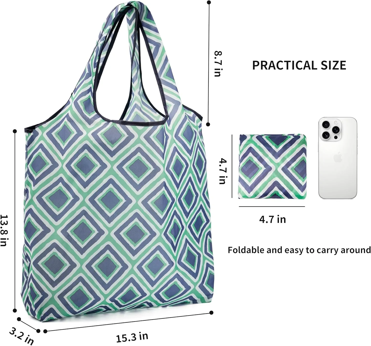 Foldable Reusable Shopping Grocery Bags, Lightweight, Washable, Cute Packable Polyester Tote Bag