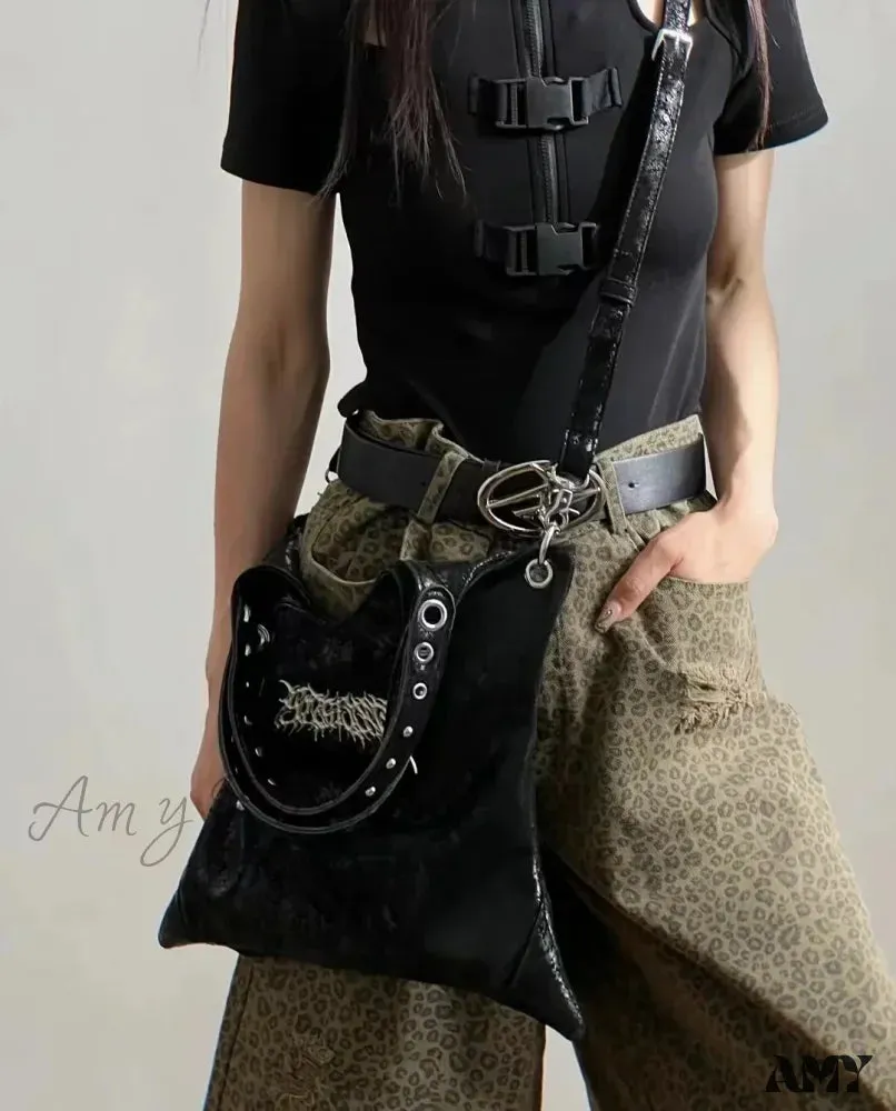 Gothic Vintage Dark PU Large Grunge Leather Messenger Bag Rivet Capacity Black
