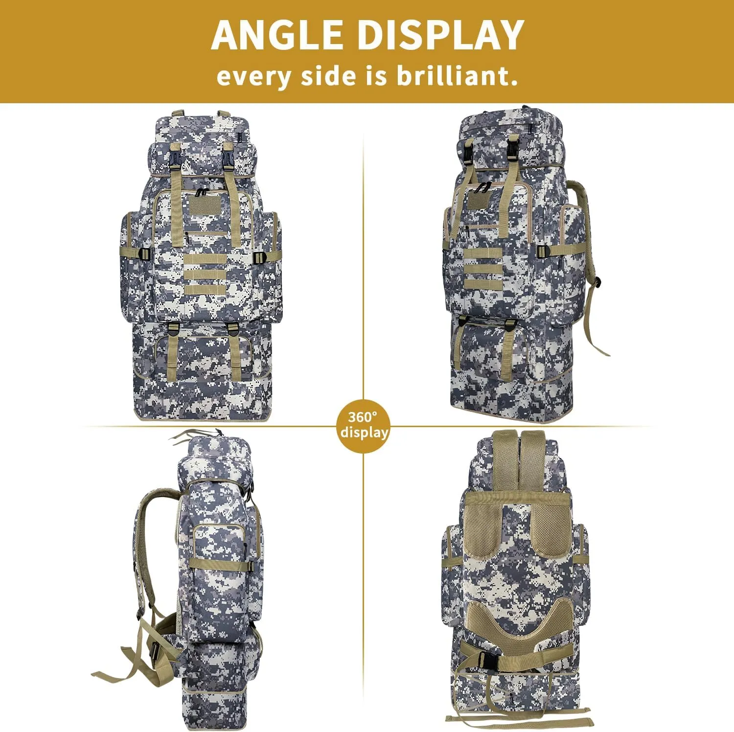 Hiking Backpack, 100L Large Camping Backpack, Expandable Waterproof Molle Rucksack, Outdoor Sport Travel Daypack Military Tactical Back pack for Men Women (Camouflage)