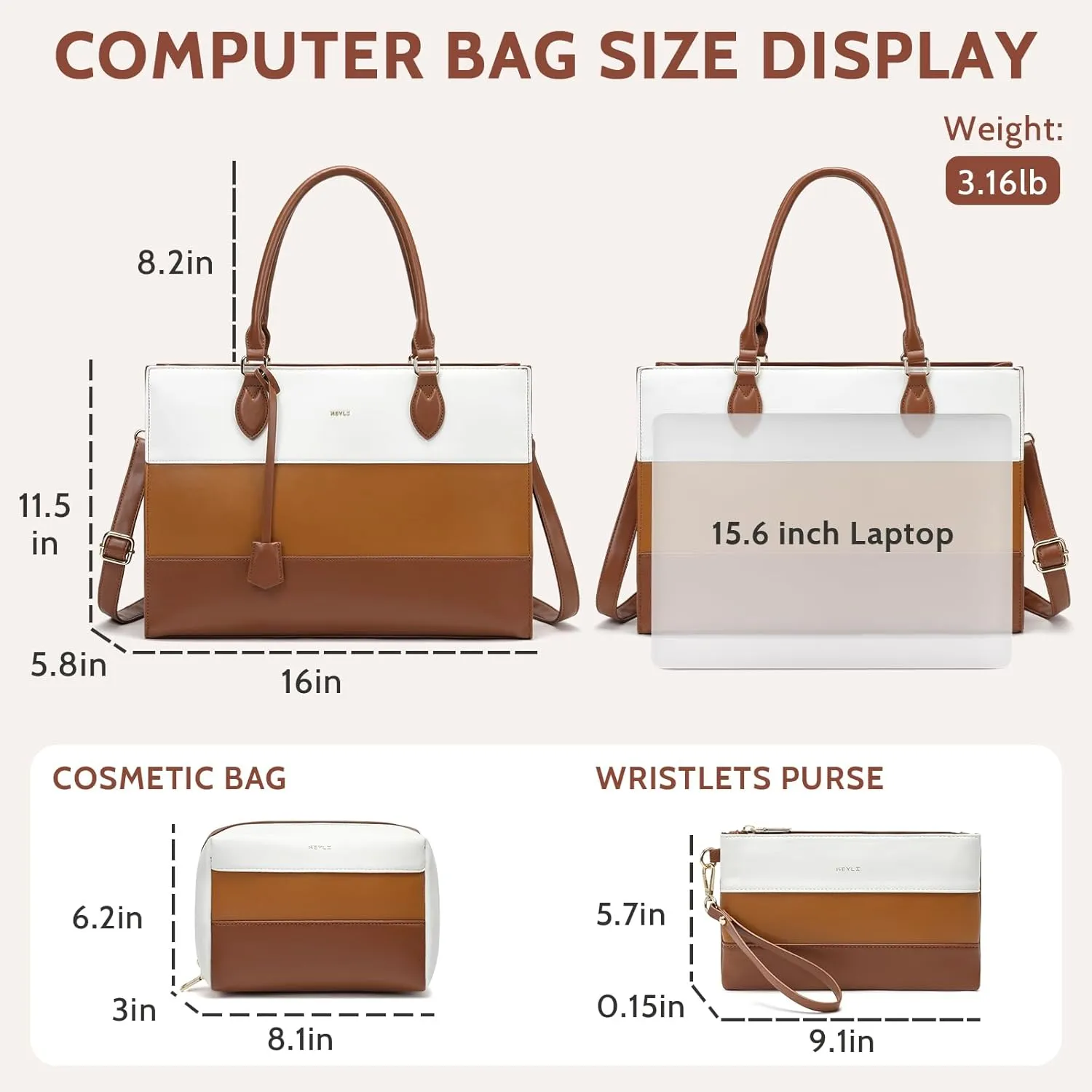 Keyli 3pcs Set Laptop Bag for Women,15.6 Inch Work Tote Bags Waterproof Leather Business Computer Briefcase Shoulder Handbag