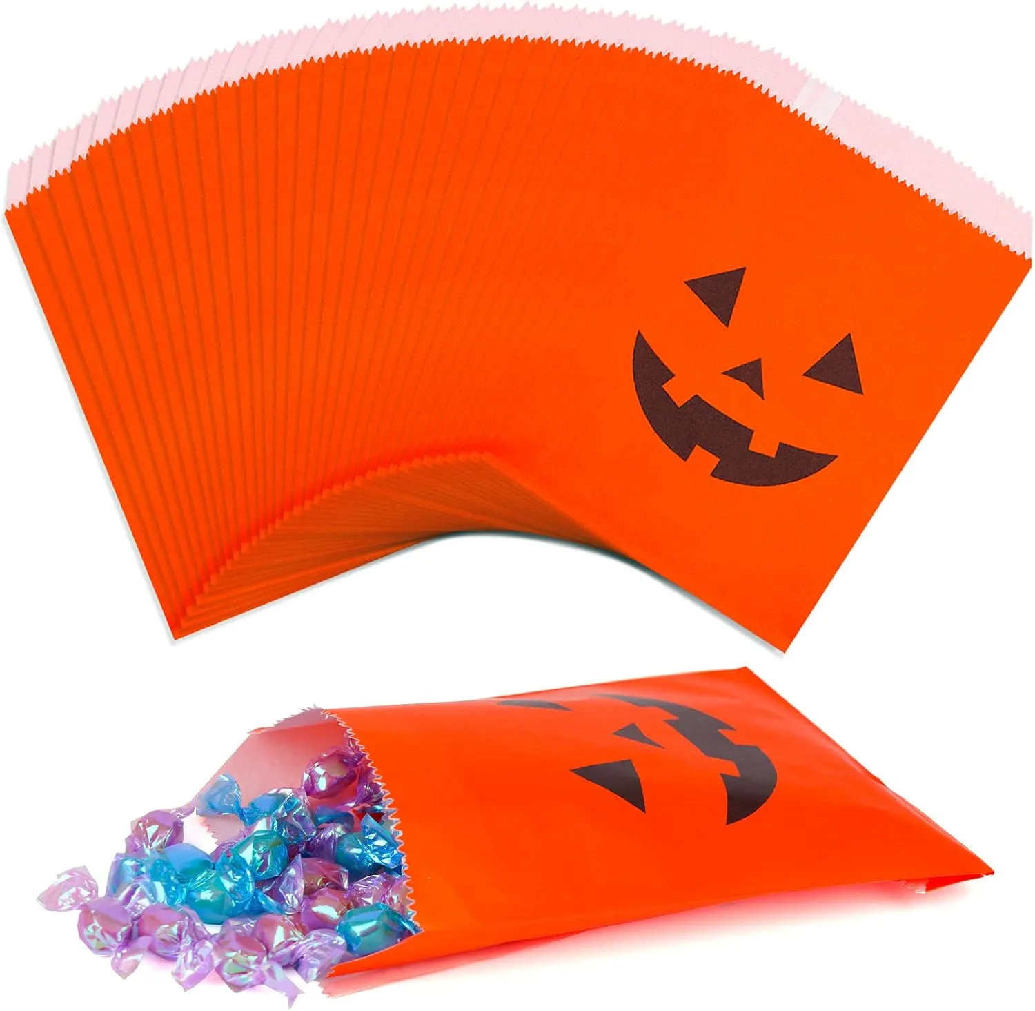 Kolewo4ever 100 pieces Halloween Pumkin Bags Halloween Treats Bags Halloween Paper Bags Pumkin Color Bags Jack-O-Lantern Pumpkin Candy Bags