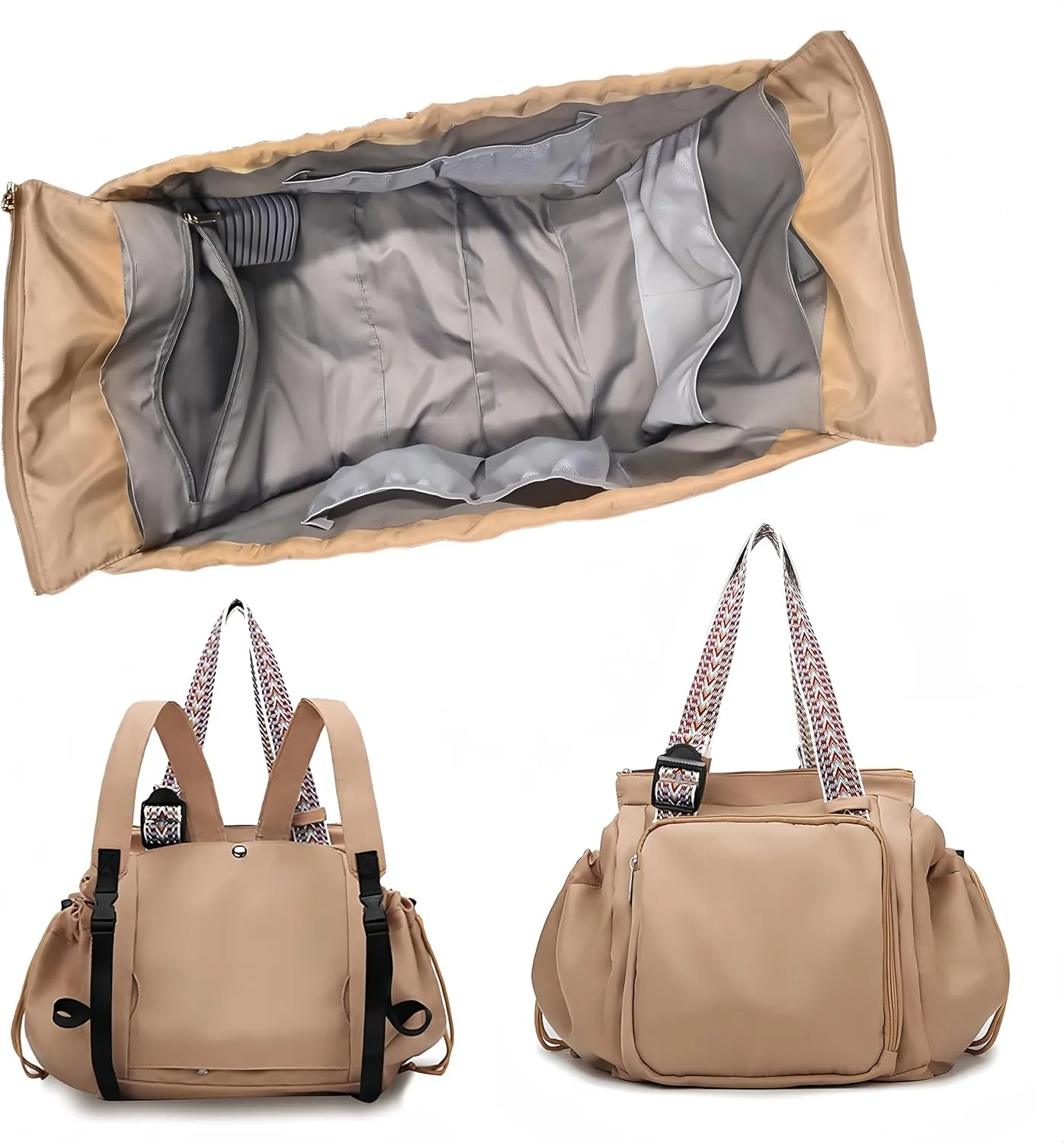Large Capacity Versatile Travel Backpack for Women,Transformable Nylon Cradle Bag,Foldable Waterproof Pack,Travel & Shopping Bag with 15 Pockets,Multi-Functional Diaper Bag, khaki