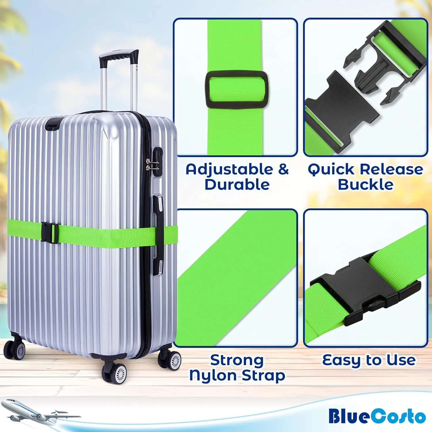 Luggage Straps for Suitcases - TSA Approved - Green, 4 PK - Premium Nylon Belts for Suitcase, Briefcase & Travel Bag - Adjustable Strap Length 46" - 78"