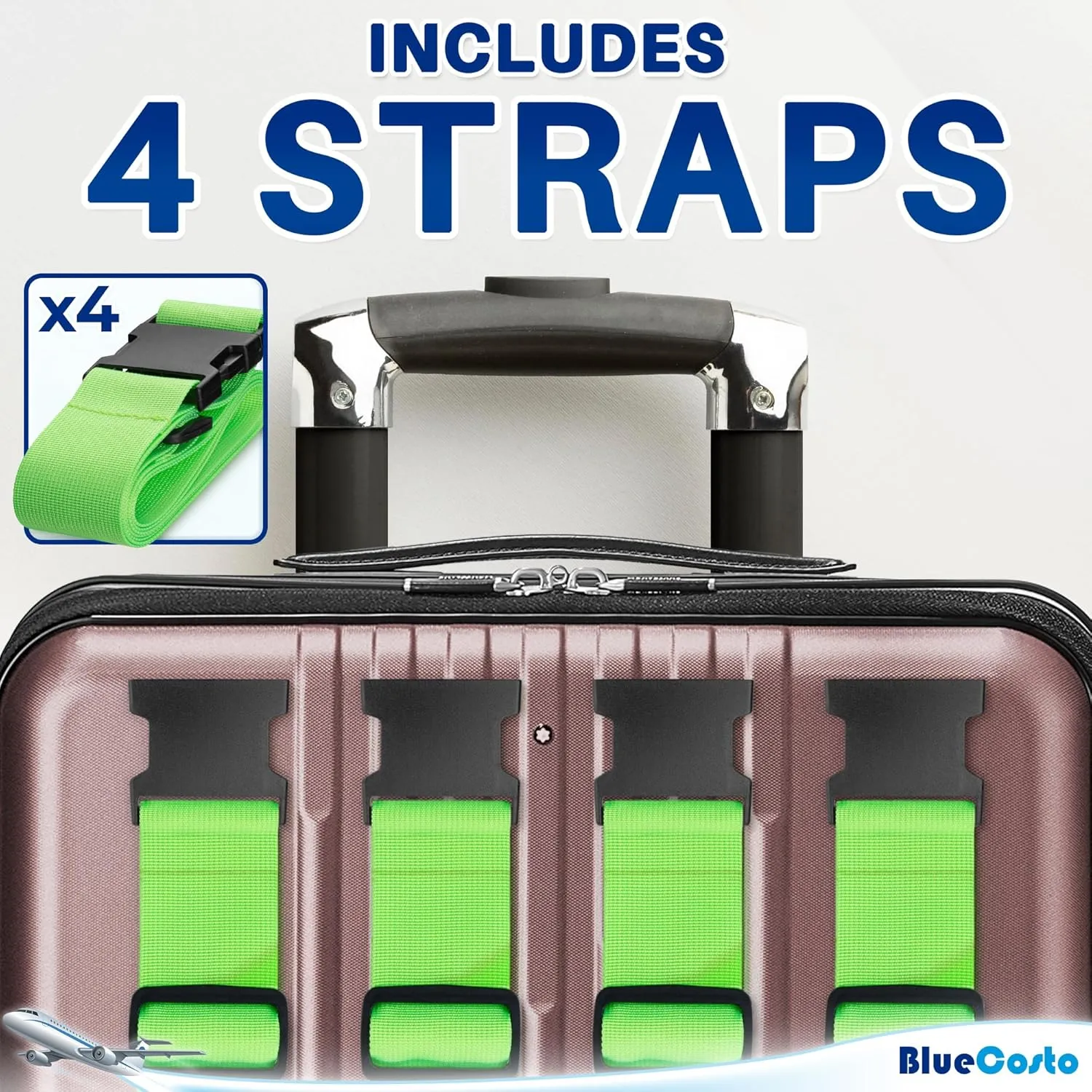 Luggage Straps for Suitcases - TSA Approved - Green, 4 PK - Premium Nylon Belts for Suitcase, Briefcase & Travel Bag - Adjustable Strap Length 46" - 78"