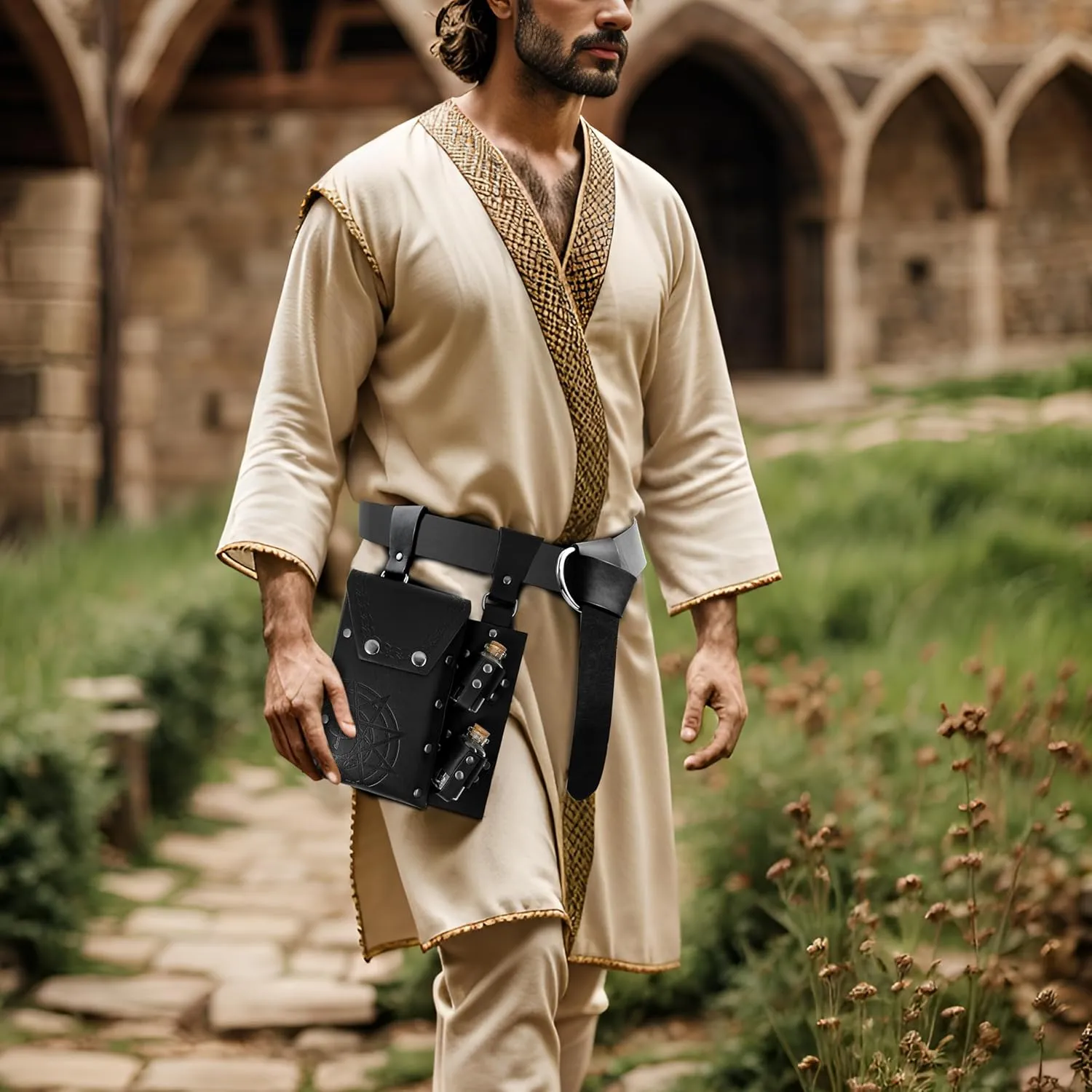 Medieval Alchemy Faux Leather Belt Bag with, Fantasy Wizard Renaissance Waist Pouches for Halloween Cosplay Costume