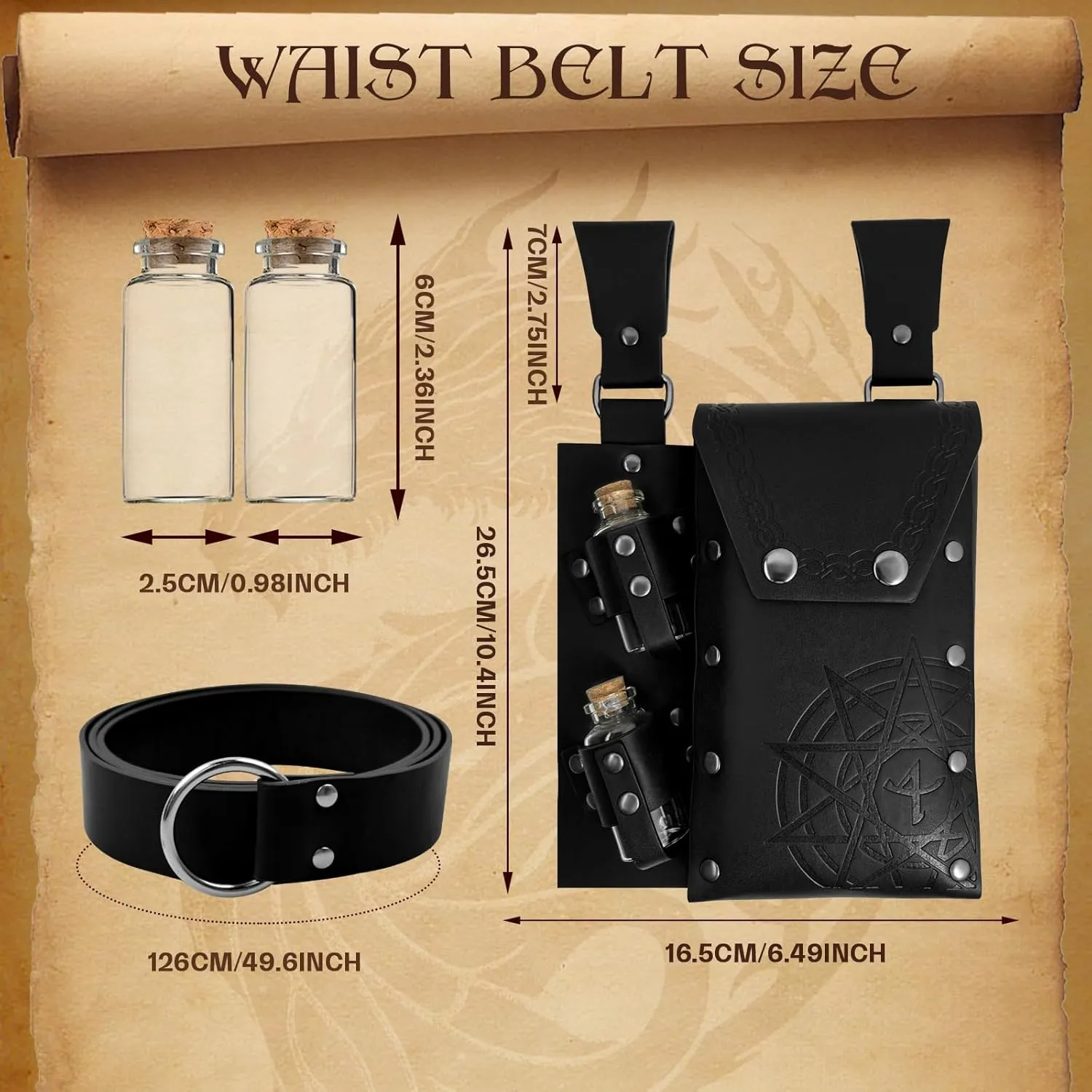 Medieval Alchemy Faux Leather Belt Bag with, Fantasy Wizard Renaissance Waist Pouches for Halloween Cosplay Costume