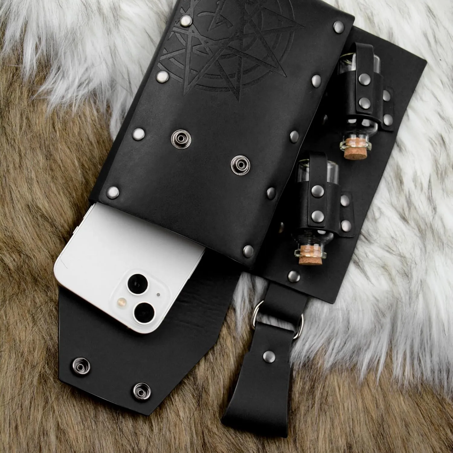 Medieval Alchemy Faux Leather Belt Bag with, Fantasy Wizard Renaissance Waist Pouches for Halloween Cosplay Costume